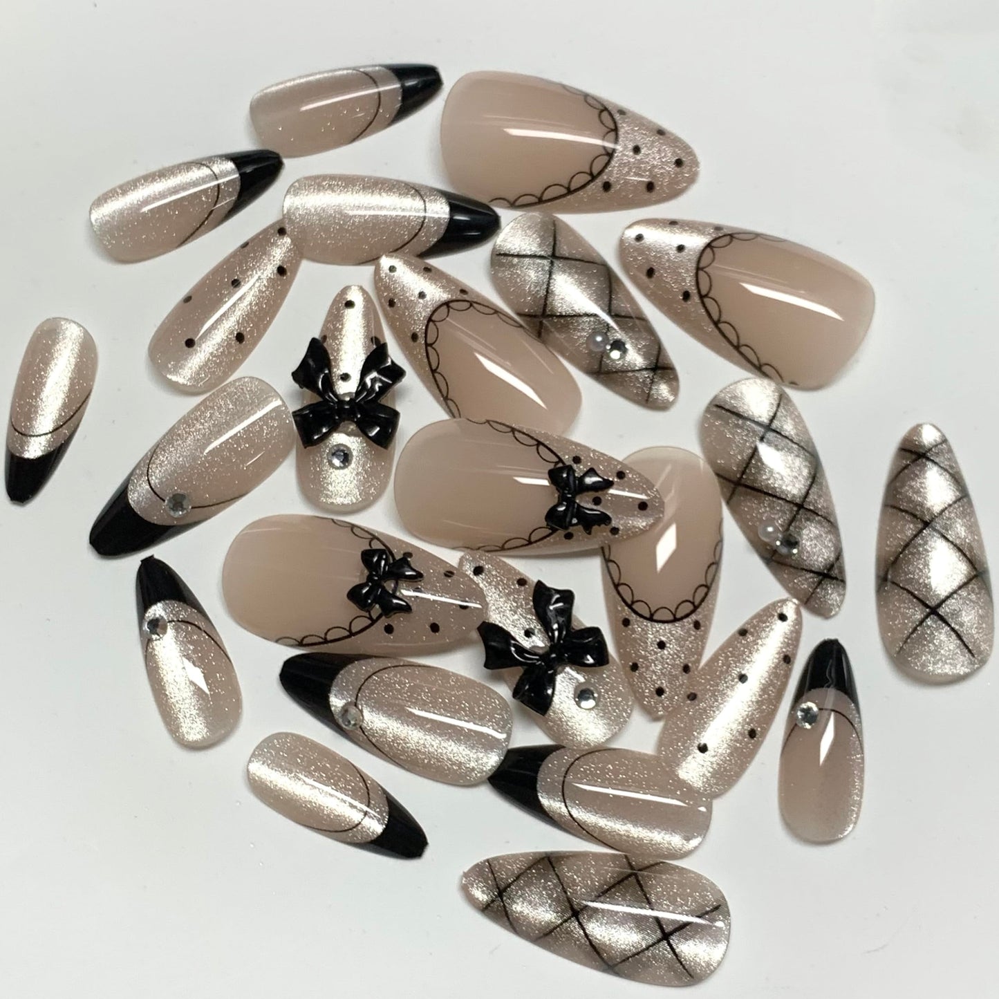 BABALAL Press On Nails, Medium Almond Fake Nails, Black French Tip, Cat Eye Bling Design With Bow Plaid Design, Y2k Kawaii Polka Dot Glue On Nails 24Pcs