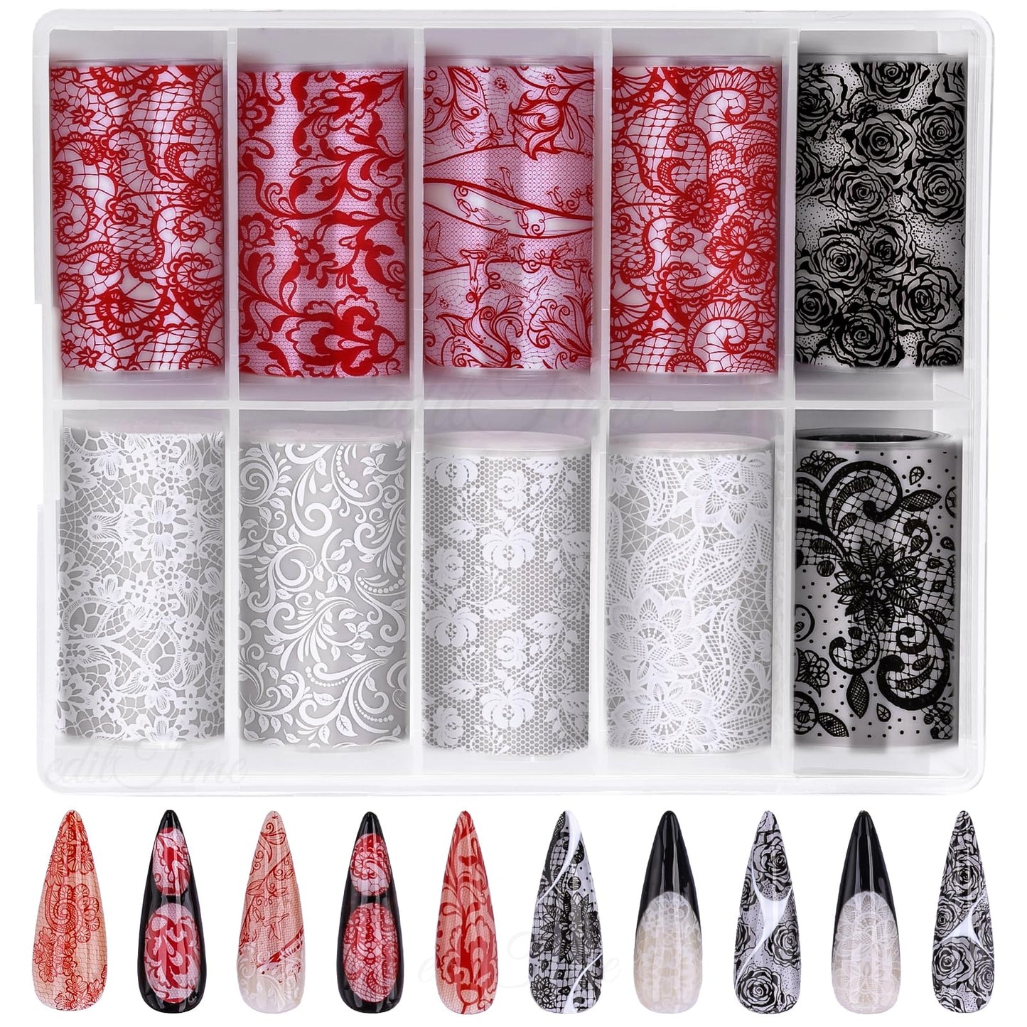 Lace Nail Foil Transfer Sheets, 10 Rolls Black White Red Flower Nail Art Transfer Foils Decals, Flower Nail Art Foils Decals Holographic Foils for Nails Manicure DIY (10 Rolls Red+Black+White)