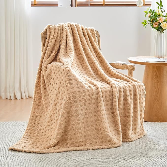 NEWCOSPLAY Super Soft Queen Blanket Brown Premium Silky Flannel Fleece 3D Waffle Checkered Lightweight Bed Blanket All Season Use (Brown, Queen(90"x90"))
