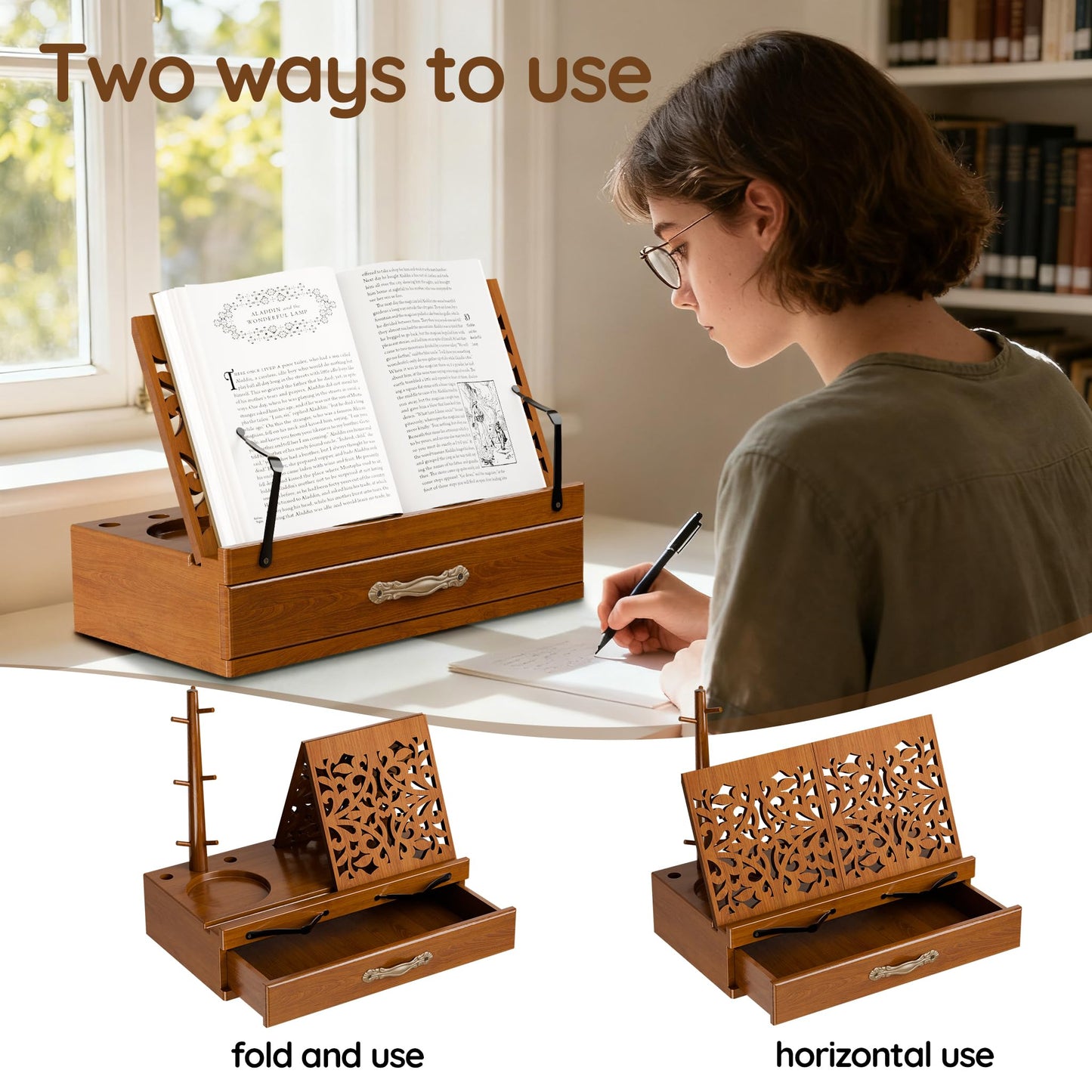 Adjustable Wooden Book Stand with Storage - Multi-Function Hands Free Book Holder for Books, Tablets & Recipes with Cup Slot, Pen Groove & Page Holder - Perfect Kitchen Counter & Gifts for Book Lovers