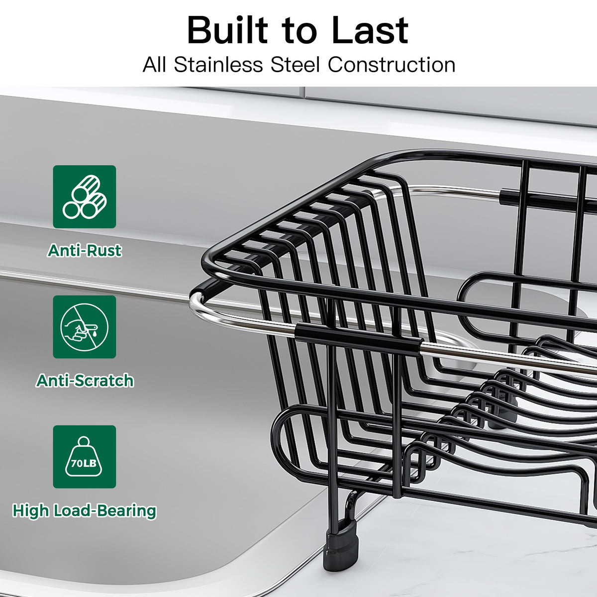 Black Dish Drying Rack in Sink with Utensil Holder