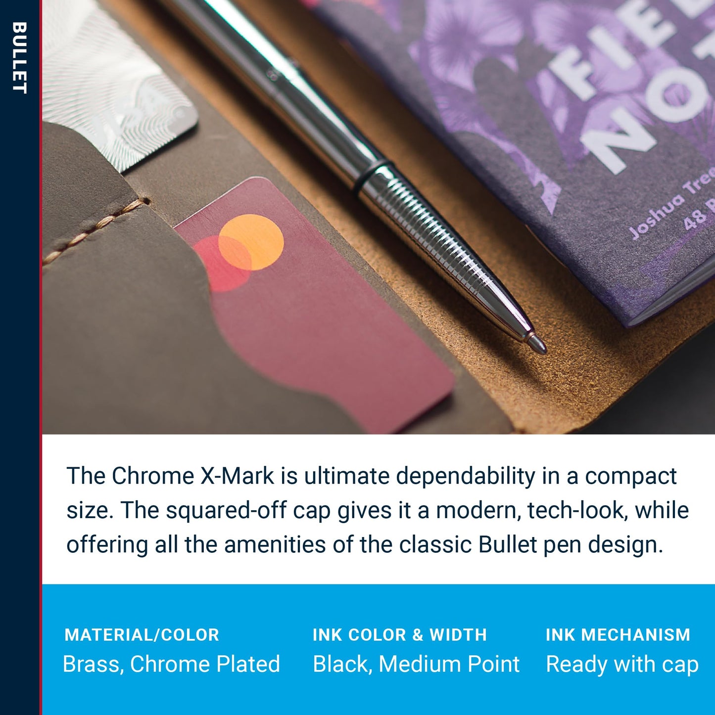 Fisher Space Pen Chrome X-Mark Flat Cap Bullet Pen, Pressurized Ballpoint Pen, Compact Size, Writes Upside Down, Extreme Temperatures, Black Ink, Medium Point, Pocket Clip, Gift Box, Made in the USA