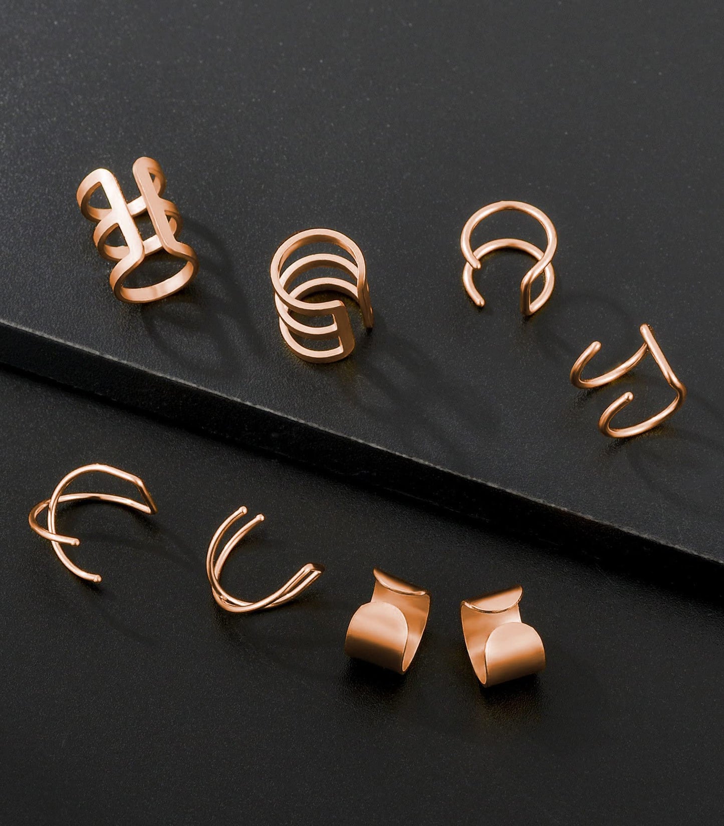 Tornito 4-10 Pairs Stainless Steel Ear Cuff Helix Cartilage Clip On Wrap Earrings Fake Nose Ring Non-Piercing Adjustable (A5: 4 Pairs, Rose Gold Tone)
