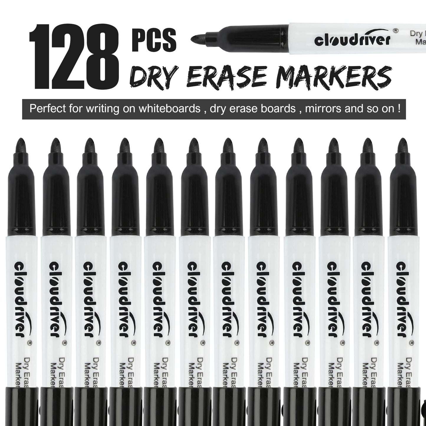 cloudriver Dry Erase Markers 128 Pack, Black Whiteboard Markers, Fine Tip, Low Odor, Bulk Dry Erase Marker For Office, home and School Supplies