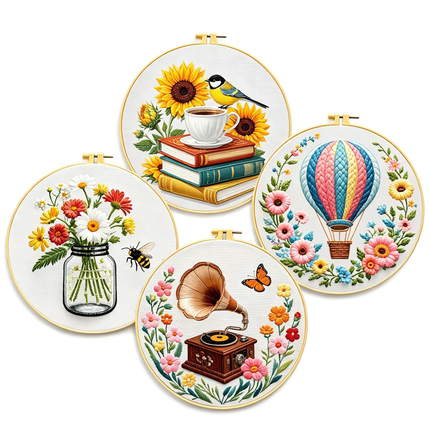 Zhenqing 4-Piece Embroidery Kit for Beginners - Complete Set with Pre-Printed 29x29cm Cotton Fabric, Hoop, Threads & Tools (Books, Hot Air Balloon, Wildflowers, Gramophone Designs)(C0159)