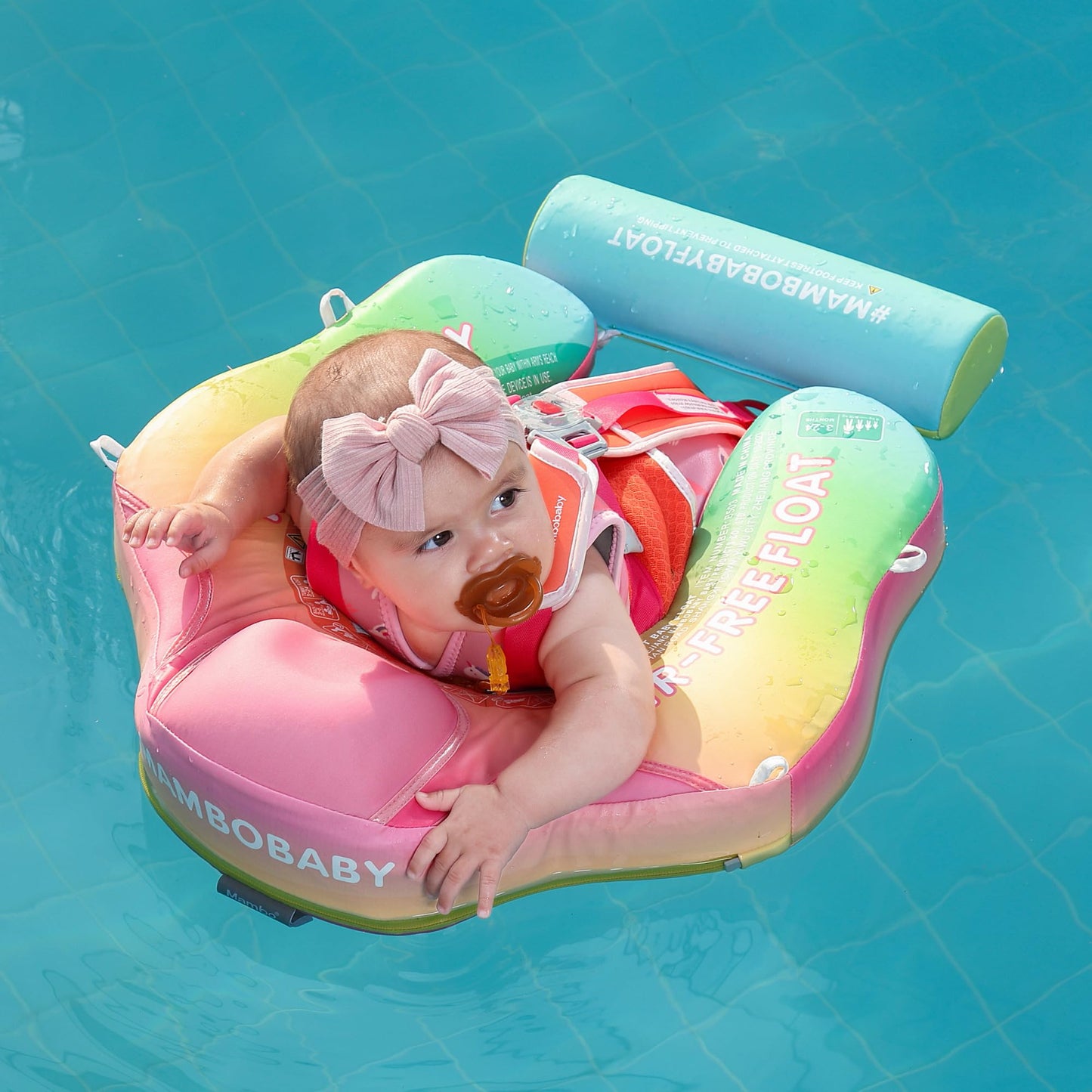 AnjeeIOT Mambobaby Float with Canopy Baby Float Non-Inflatable Baby Pool Float Solid Swimming Float Upgraded Add Tail Never Flip Over for Infant 3-24 Months, Rainbow Pink