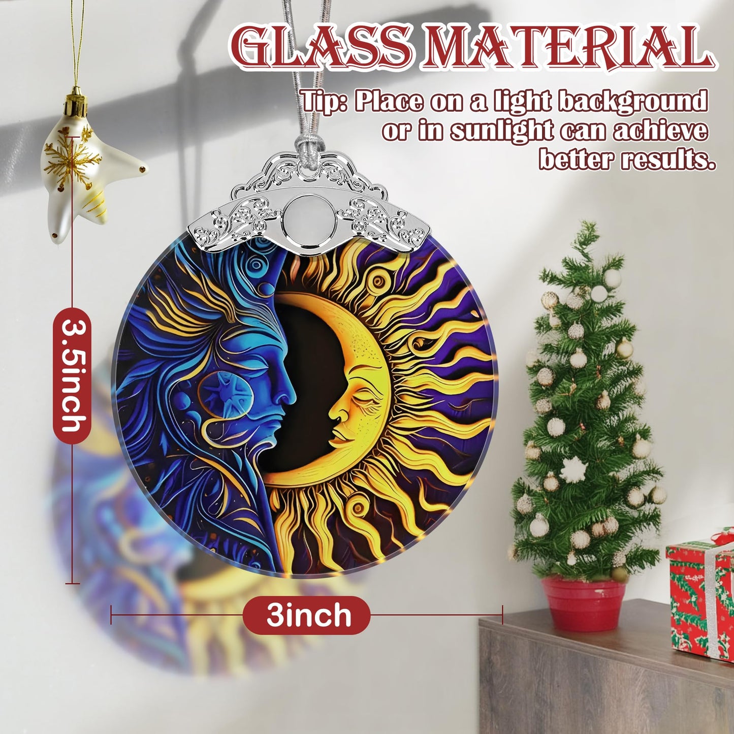 Sun Moon Christmas Ornament - Stained Glass Hanging Decoration for Holiday Tree, Home Decor, Gift Exchange Idea - Sun and Moon Last Forever