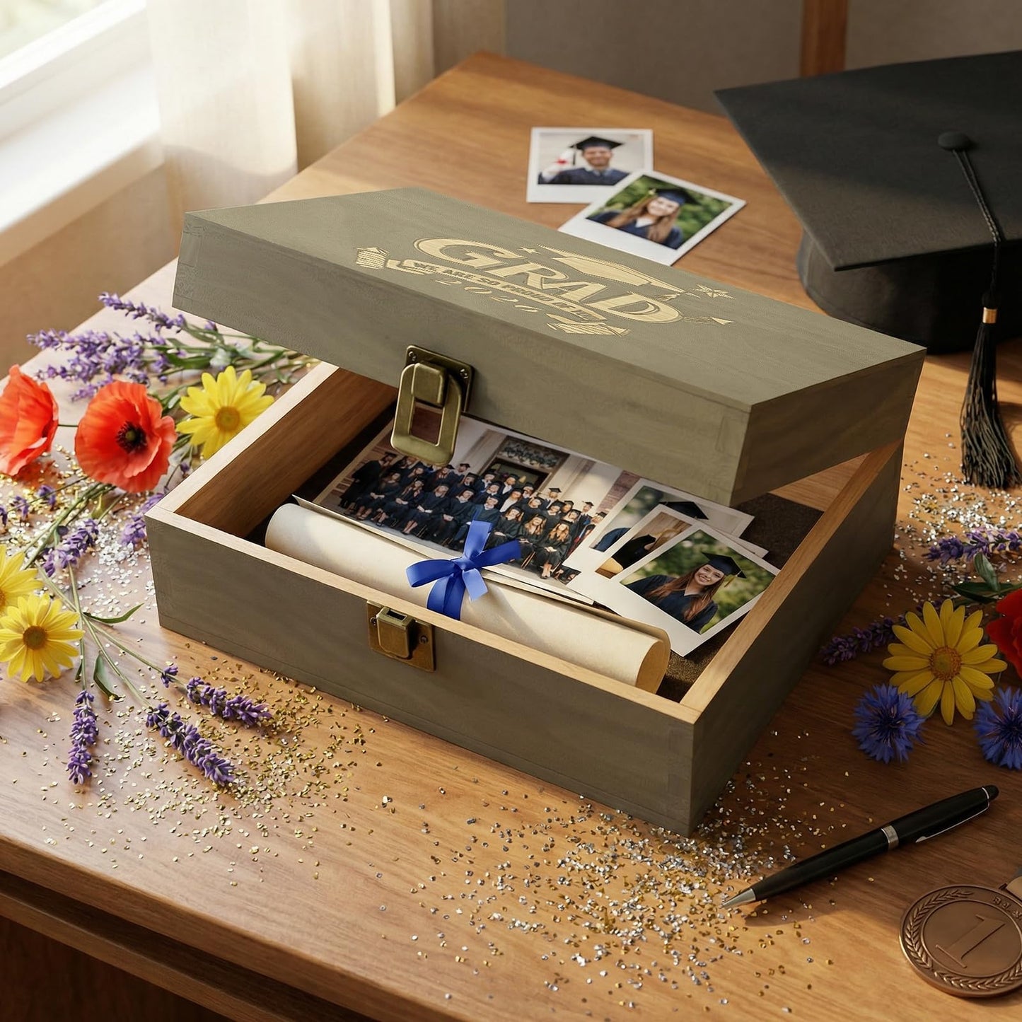 REMEIT Graduation Keepsake Box - Engraved Grad 2026 Wood Memory Box Congrats Grad Gift for Him Her, Perfect for Storing Graduation Memories & Mementos
