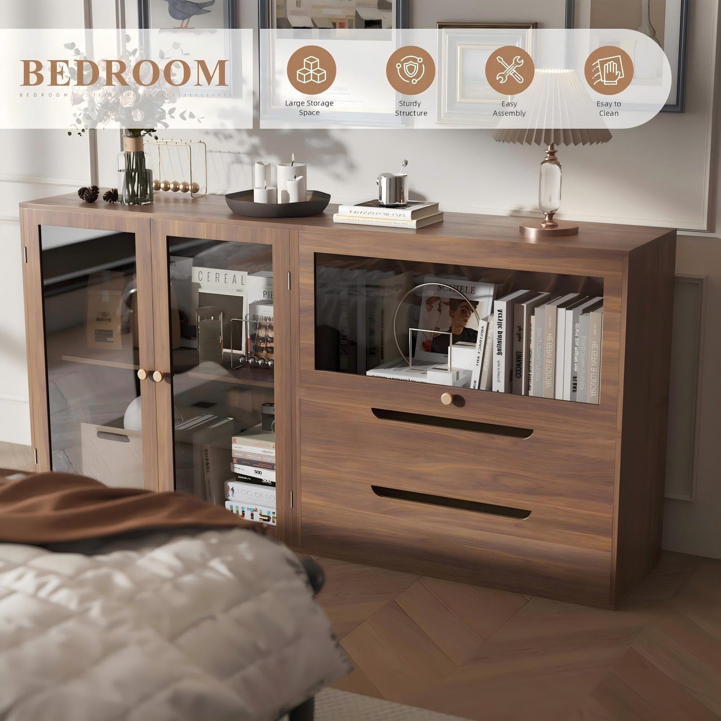 Easyego 63‘’Storage Cabinet,Sideboard Buffet Cabinet with Glass Doors and Drawers,Modern Wood Coffee Bar for Kitchen, Living Room,Dining Room，Entryway-Walnut