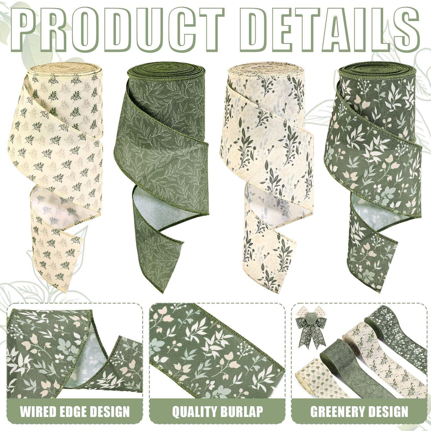 4 Rolls 20 Yards Sage Green Wired Edge Ribbon 2.5 Inch Spring Botanical Floral Buralp Ribbon Greenery Flower Fabric Ribbon for Gift Wrapping DIY Bow Wreath Making Spring Holidays Party Decorations