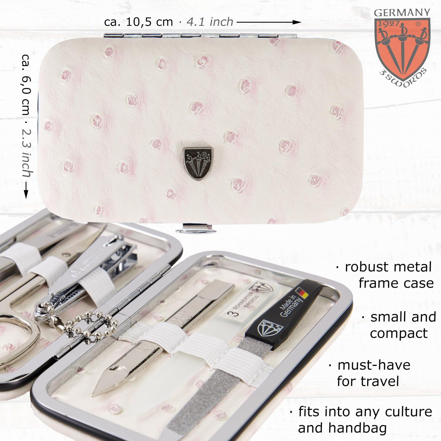 3 Swords Germany - Brand Quality 6 piece Manicure Pedicure Grooming kit Set - Scissors, Metal and Glass Nail File, Clipper, Tweezers with Synthetic Leather case - Ostrich