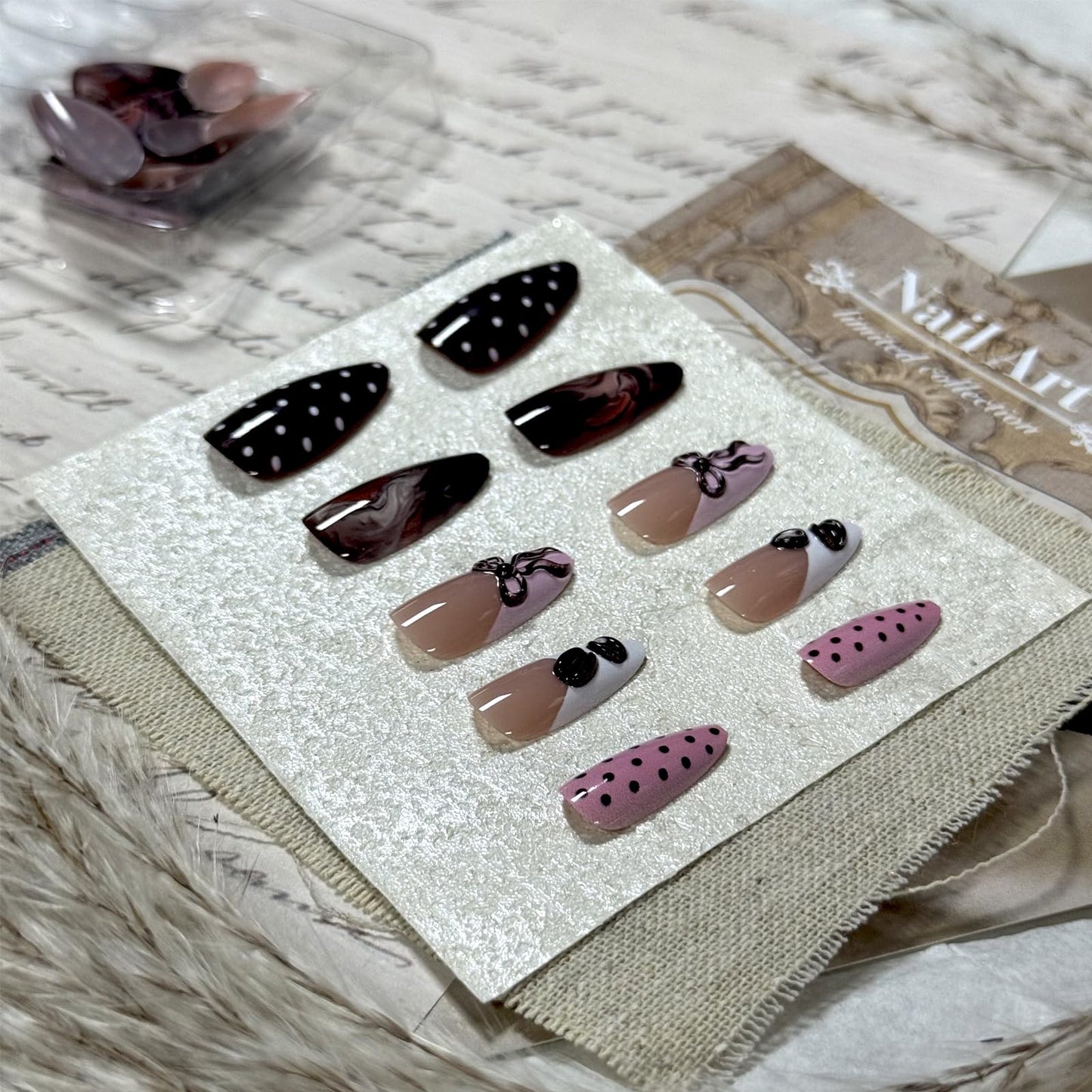IMRAIN Press on Nails Medium Almond Fake Nails - 3D Bow, Coffee Bean, Polka Dot Design | Pink Brown Glossy Acrylic False Nails Cute French Tip Glue on Nails for Women