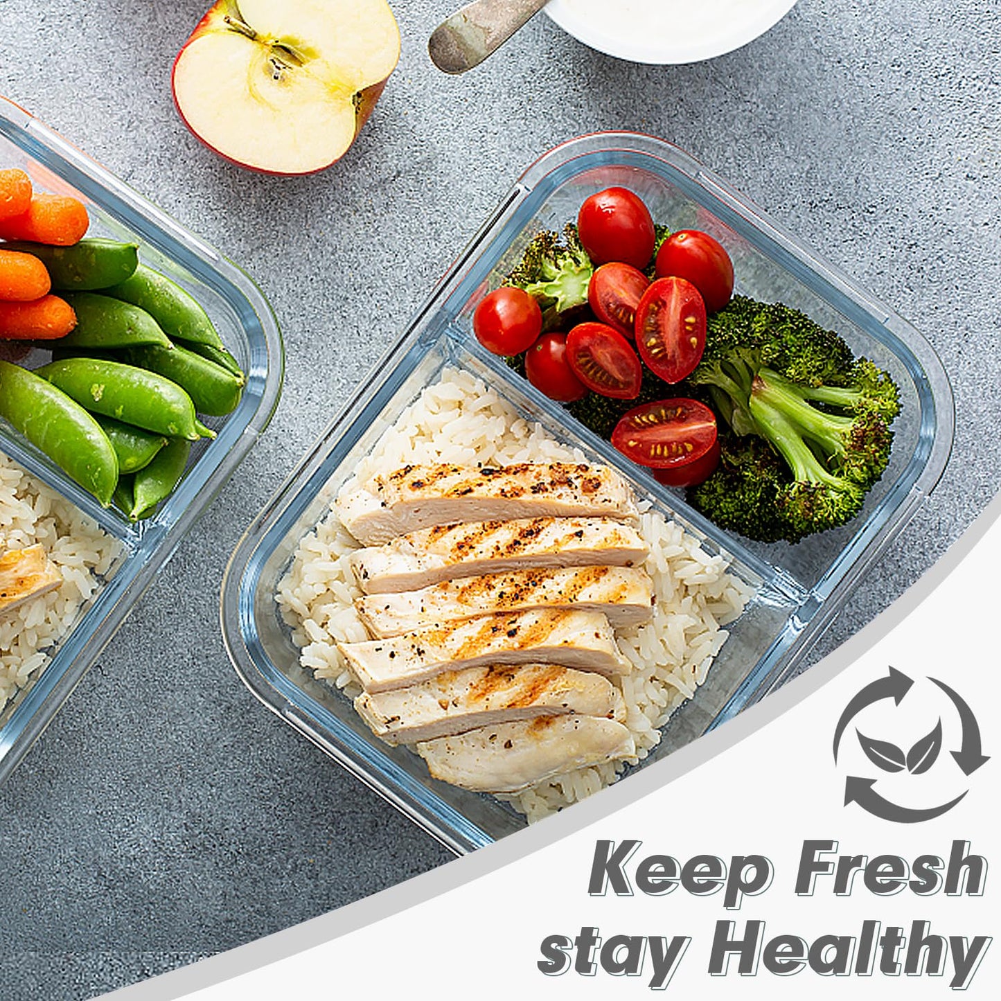 VERONES 10 Pack Glass Meal Prep Containers 2 Compartment Set, 30 OZ Airtight Glass Lunch Containers, Glass Food Storage Containers with Lids, for Microwave, Oven, Freezer & Dishwasher Friendly，White