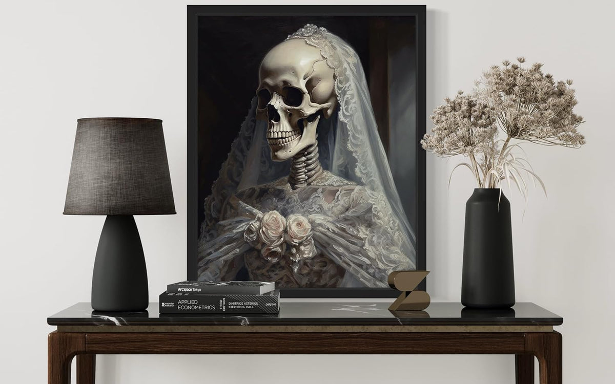 Skull Gown Poster Art Print, Halloween Scary Vintage Wall Art Academia Spooky Painting Decoration for Horror Prints, Gothic Posters Bedroom Decor 89 (Skull Gown, 8 x 10 inches, Black Frame)