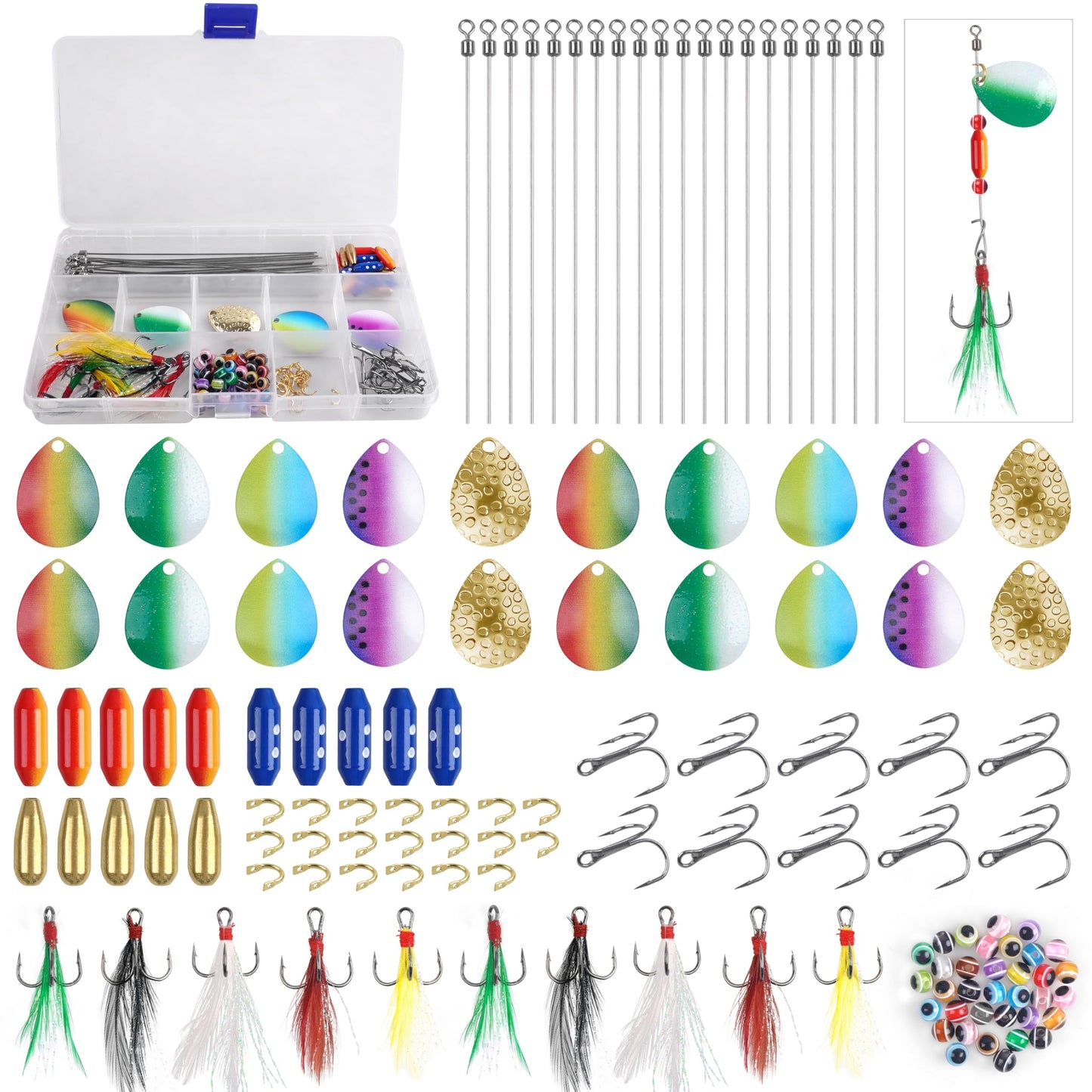 195pcs Spinner Making Kit Fishing Lure Making Kit Spinnerbaits Spinner Blade Clevis Feather Treble Hooks DIY Make Your Own Lure Set for Bass Trout Walleye Lures Fishing Gifts