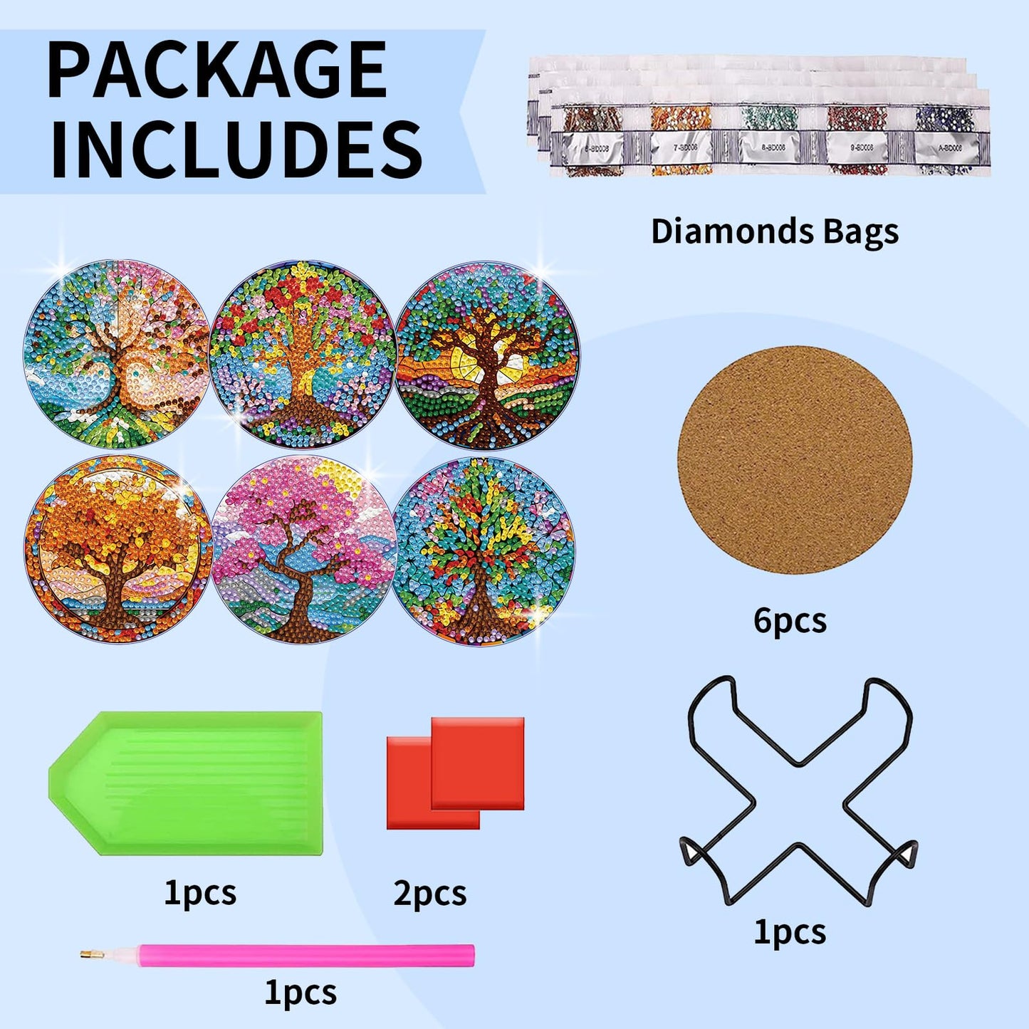 PERFECTSIGHT 6 Pcs DIY Diamond Art Painting Coasters with Holder, Cute Diamond Paint Coaster Kits for Adults, Kawaii Full Drill Diamond Art Craft, Paint by Number Non Slip Coaster - Multicolor Tree