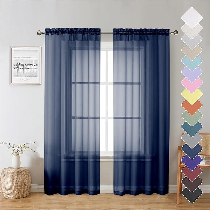 Lecloud Navy Blue Sheer Curtains 72 Inches Long 2 Panels, Light Filtering Window Curtain Drapes for Living Room, Breathable Rod Pocket Window Treatments for Bedroom, Each 40" W x 72" L