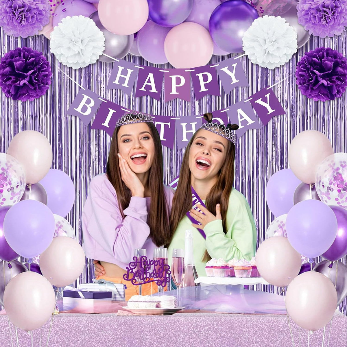 Purple Birthday Decorations, Purple Party Decorations with Balloons Happy Birthday Banner Bday Sash and Crown Tablecloth Fringe Curtain Paper Pom Poms for Women Girls Bday Decor