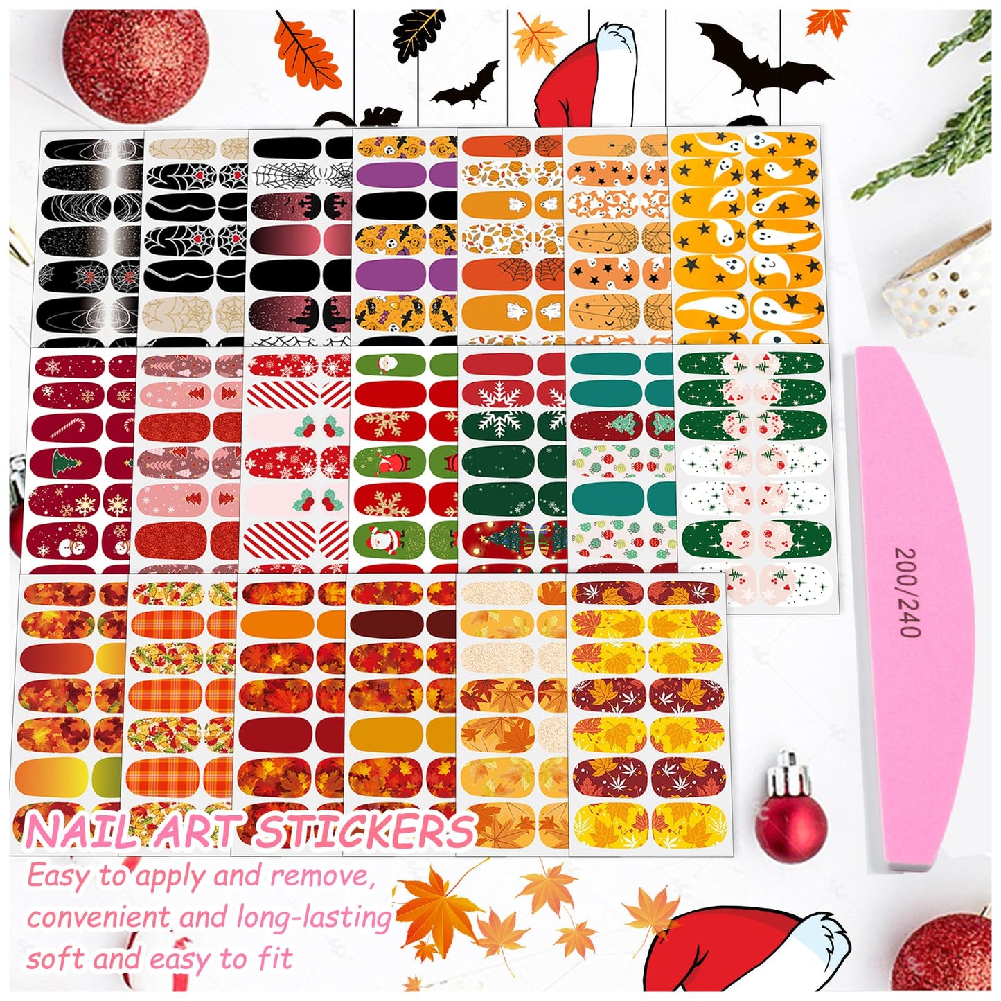 SILPECWEE 280 Pieces 20 Sheets Nail Stickers Full Nail Wraps (Halloween, Fall, Christmas) Nail Polish Strips Self Adhesive Gel Nails Strips Fingernail Manicure Sticker Decals for Women DIY Decoration