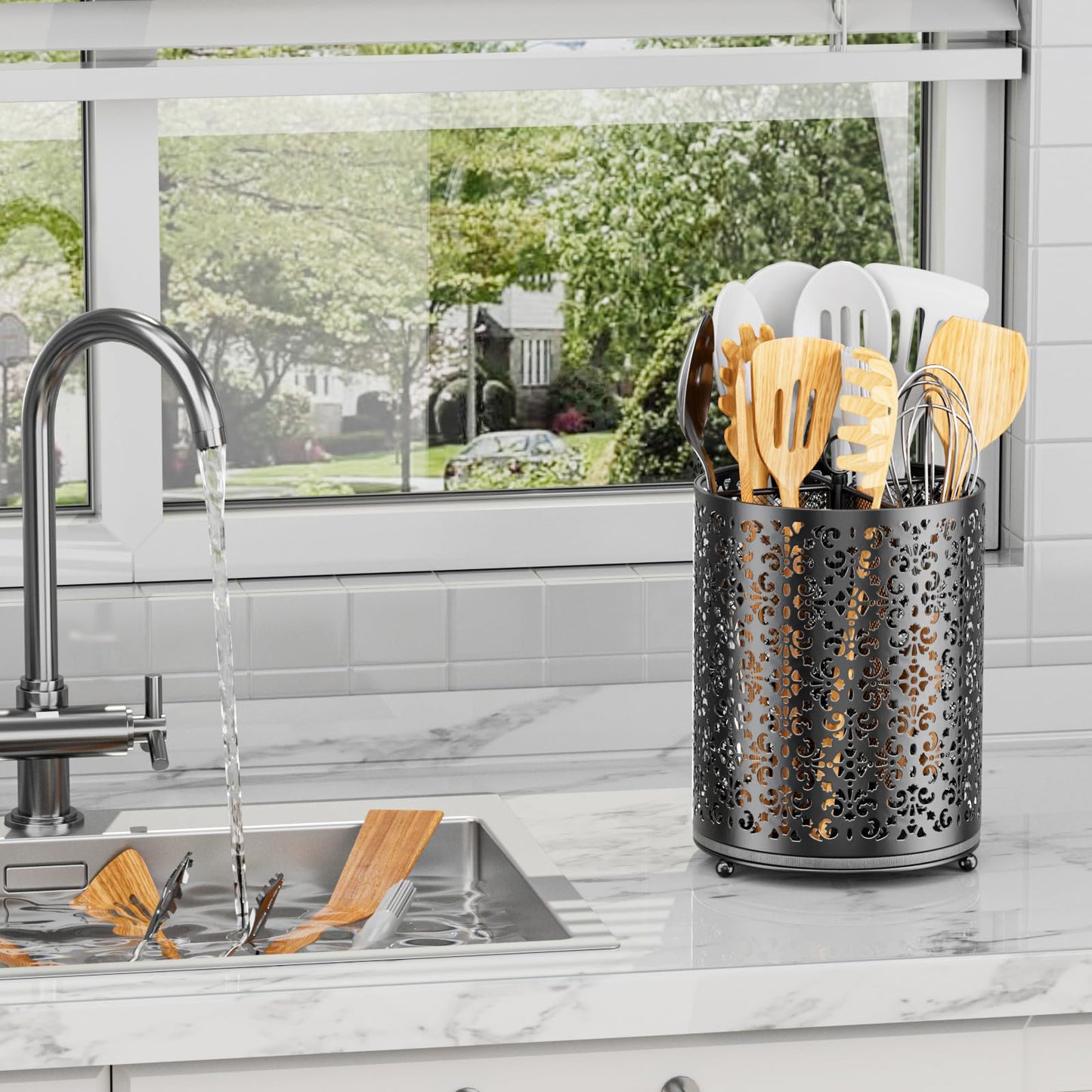 YIUKEA 360° Rotating Utensil Holder - Extra Large Cooking Utensils Caddy Counter Organizer with Instant-Dry and Removable Base for Kitchen Tools