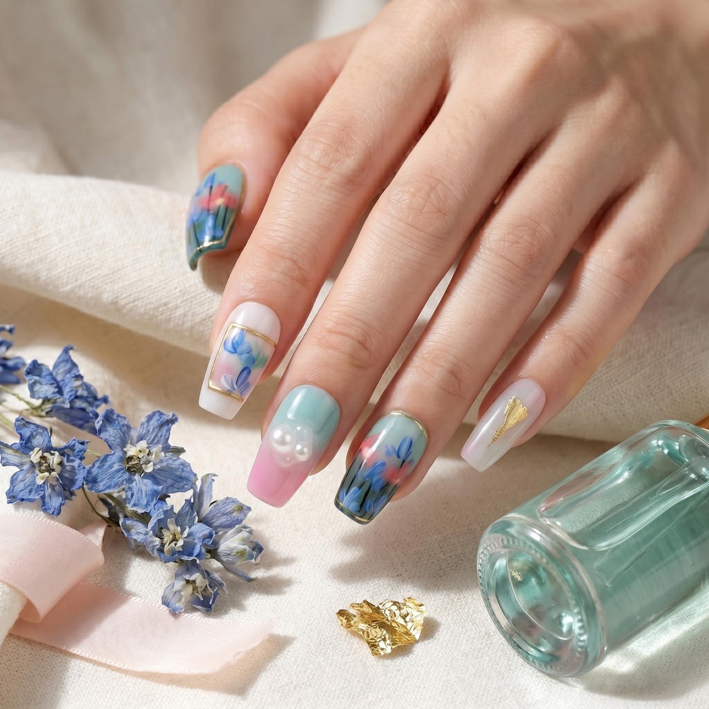 Sun&Beam Nails Handmade Press On Nails Short Square Nude Pink Blue Floral Glossy 10 Pieces Easy At Home Manicure for Everyday Wear (#013 S)