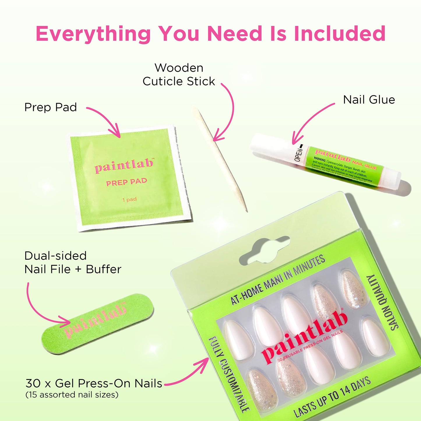 PaintLab Press-On Nails Manicure Kit, Sparkling Dreams, 30-Piece Set, Long-Lasting Fake Nails with Glue, File, Prep Pad & Cuticle Stick
