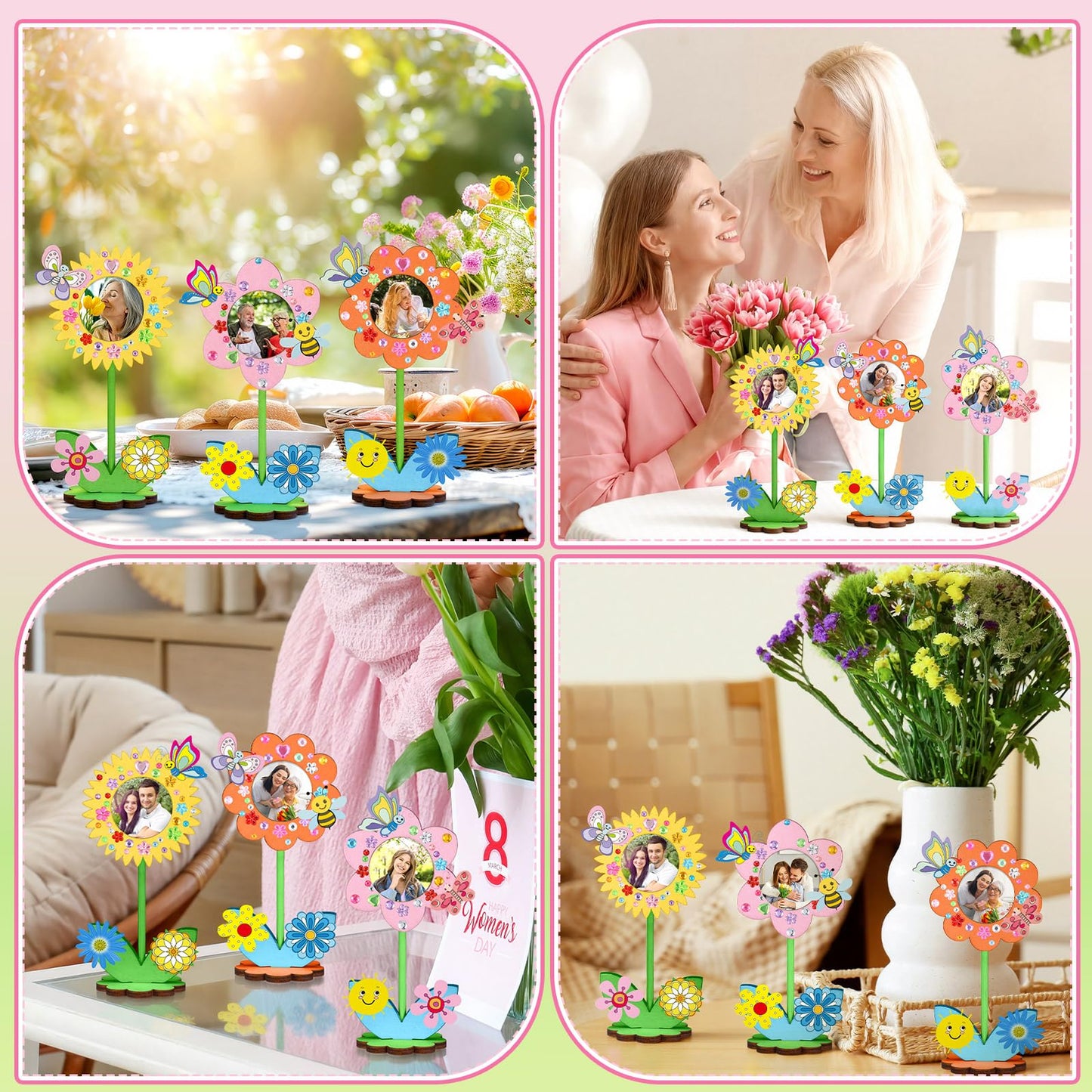 24 Sets Mother's Day Crafts Bulk Spring DIY Flower Picture Frame Kit Unfinished Solid Wood Flower Picture Frames Craft with Gems Sticker Paint Brush for DIY Birthday Party Gift(Assorted Styles)
