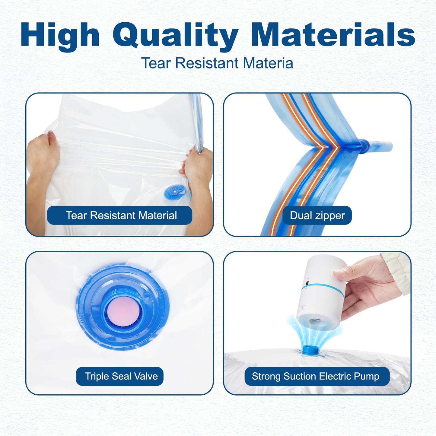 HOUSE DAY 30 Pack Vacuum Storage Bags with Electric Pump, 4 Sizes + 2 Roll-Up (5 Each), Space Saver Vacuum Seal Bags for Clothing, Bedding, Pillows, Travel – Airtight Seal, Reusable & Durable