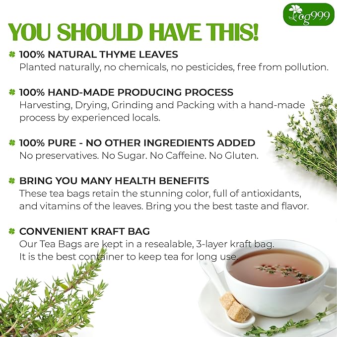 TOG999, Premium 40 Thyme Leaf Tea Bags, 100% Natural & Pure, Loose Leaf Herbal Tea. Thyme Leaf Tea. No Sugar, No Caffeine, No Gluten, Vegan.