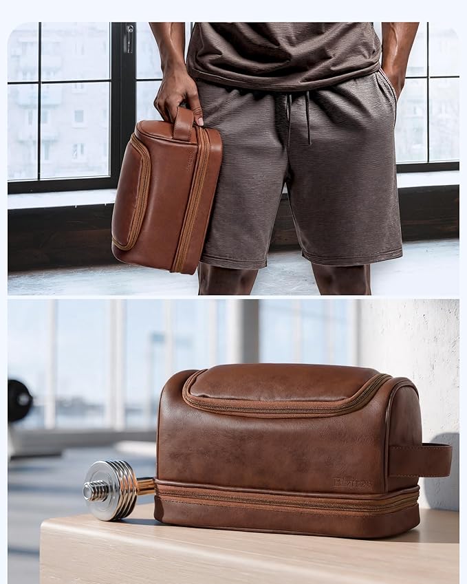 Elviros Toiletry Bag for Mens PU Leather Travel Organizer Kit with Hanging hook, Large Water-resistant Toiletries Bathroom Shaving Bags (Extra Large, Dark Brown)