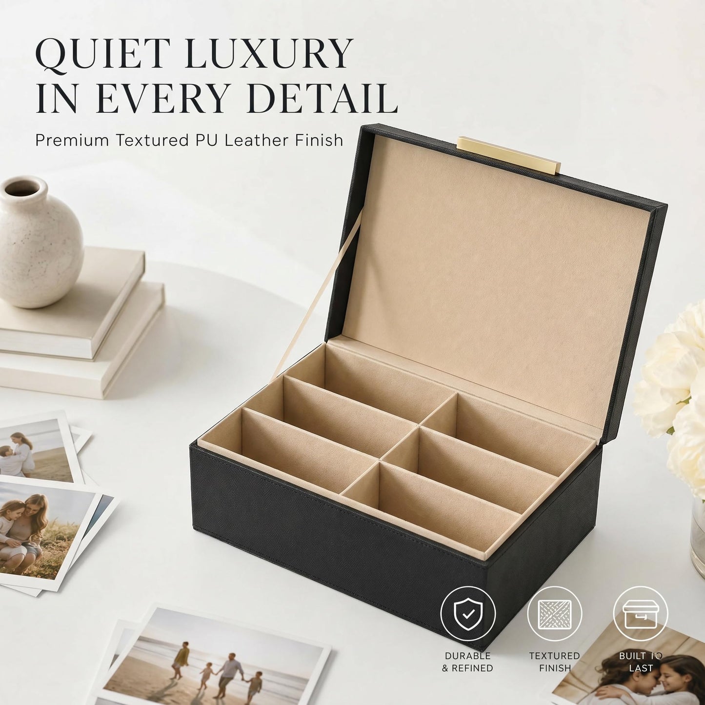 ZICOTO Decorative Photo Storage Box - Sturdy PU Leather Photo Organizer with Dividers is Perfect to Store Up to 1200 Pictures and 4x6 Photos - Portable Scrapbook Storage Containers with Lid