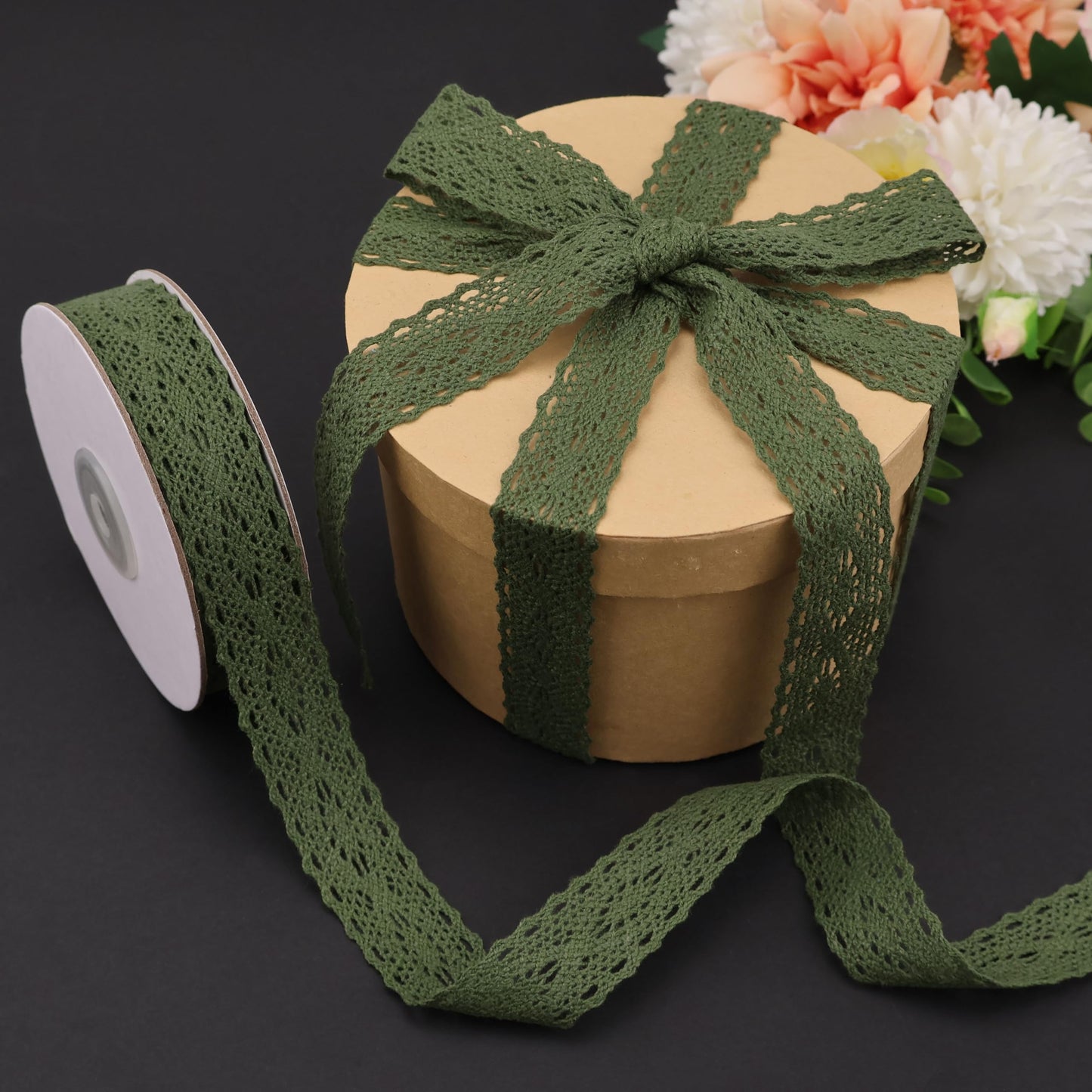Natural Cotton Craft Ribbon 1" Vintage Cotton Crochet Lace Trim Spool Wrapping Ribbon 10 Yards (Green)