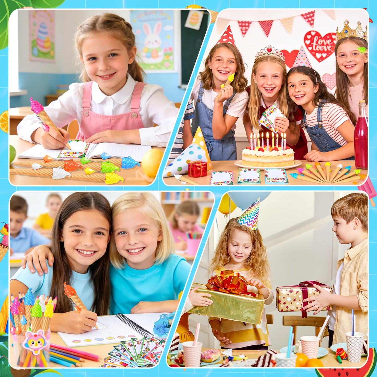 SZCECHRE 36 Pack School End Of Year Surprise Gift Sets, Ice Cream Pens Summer Sticky Notes Kit with Gift Bags & Ribbon for Pool Beach Birthday Class Parties & Student Gifts
