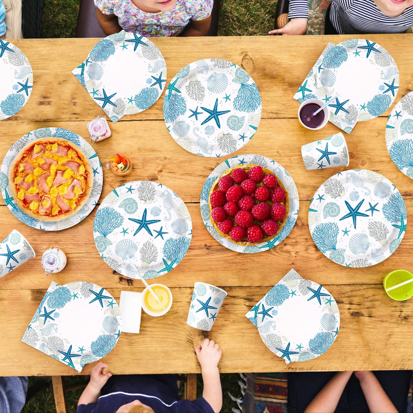 Greencian 250Pcs Ocean Coastal Party Decorations Blue Seashell Starfish Coral Plates Napkins Cups Beach Ocean Sea Tableware Set for Summer Beach Holiday Birthday Dinner Party Supplies Serves 50