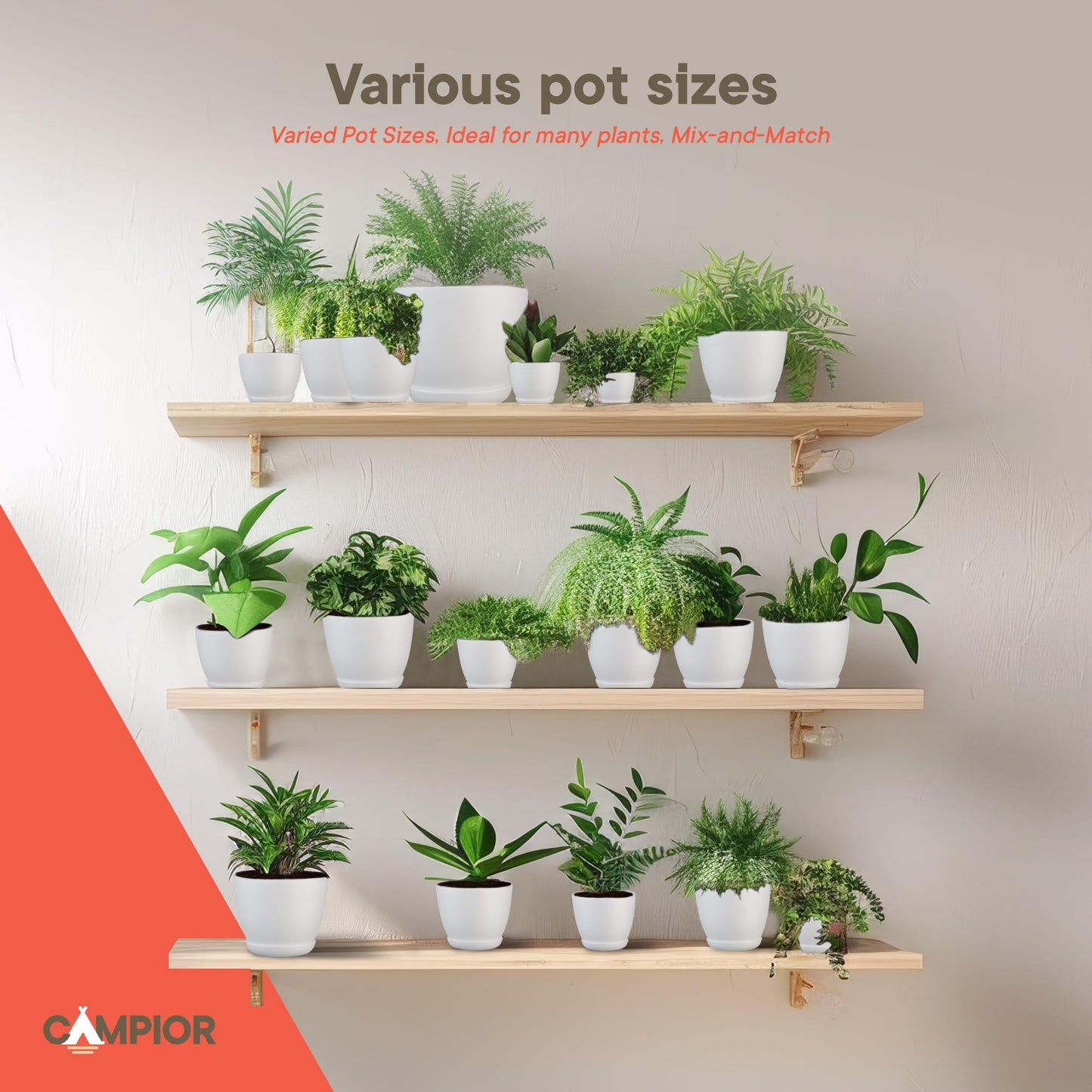 Campior Plastic Plant Pots with Drainage - Home Decor Flower Pot, Stackable Design for Indoor & Outdoor Use, Lightweight and Sturdy, Space-Saving, (7”, 6.6”, 6”, 5.3”, 4.8” Inches), Pack of 20, White