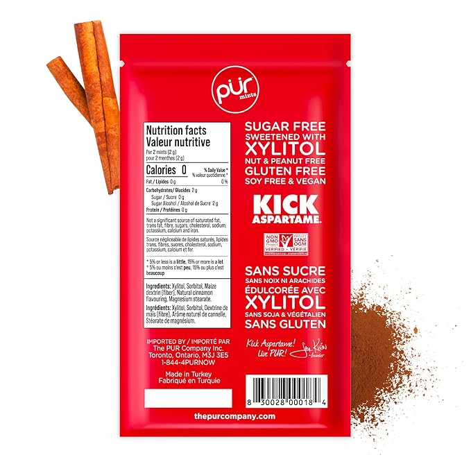 PUR Mints | Aspartame Free Breath Mints | Made with Xylitol | Sugar Free, Vegan, Gluten Free | Natural Cinnamon Flavor | 65 Pieces in Re-Sealable pouch (Pack of 1)