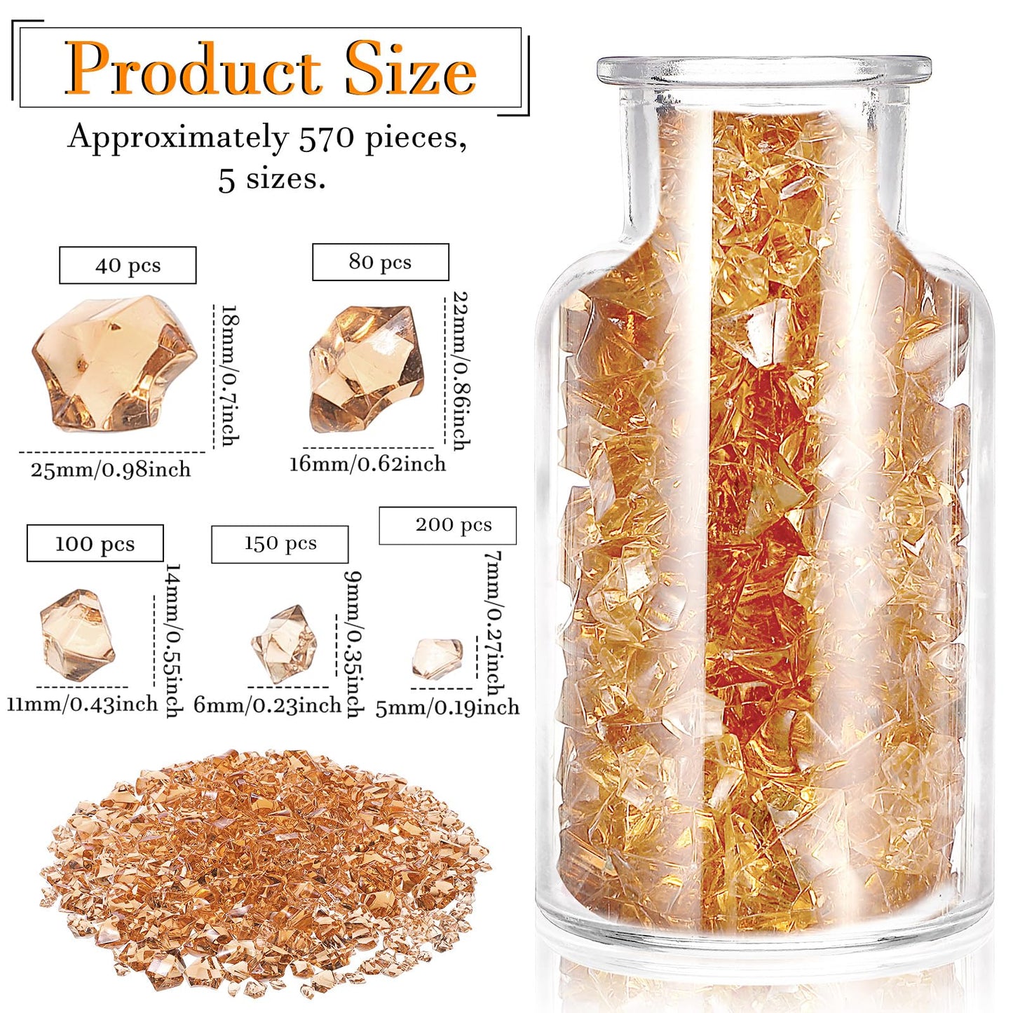 Syhood 570 Pcs 5 Sizes Amber Fake Crushed Ice Rocks Acrylic Crystal Gems Sparking Amber Plastic Diamonds Marble for Vase Fillers DIY Craft Wedding Table Scattering Room Decoration