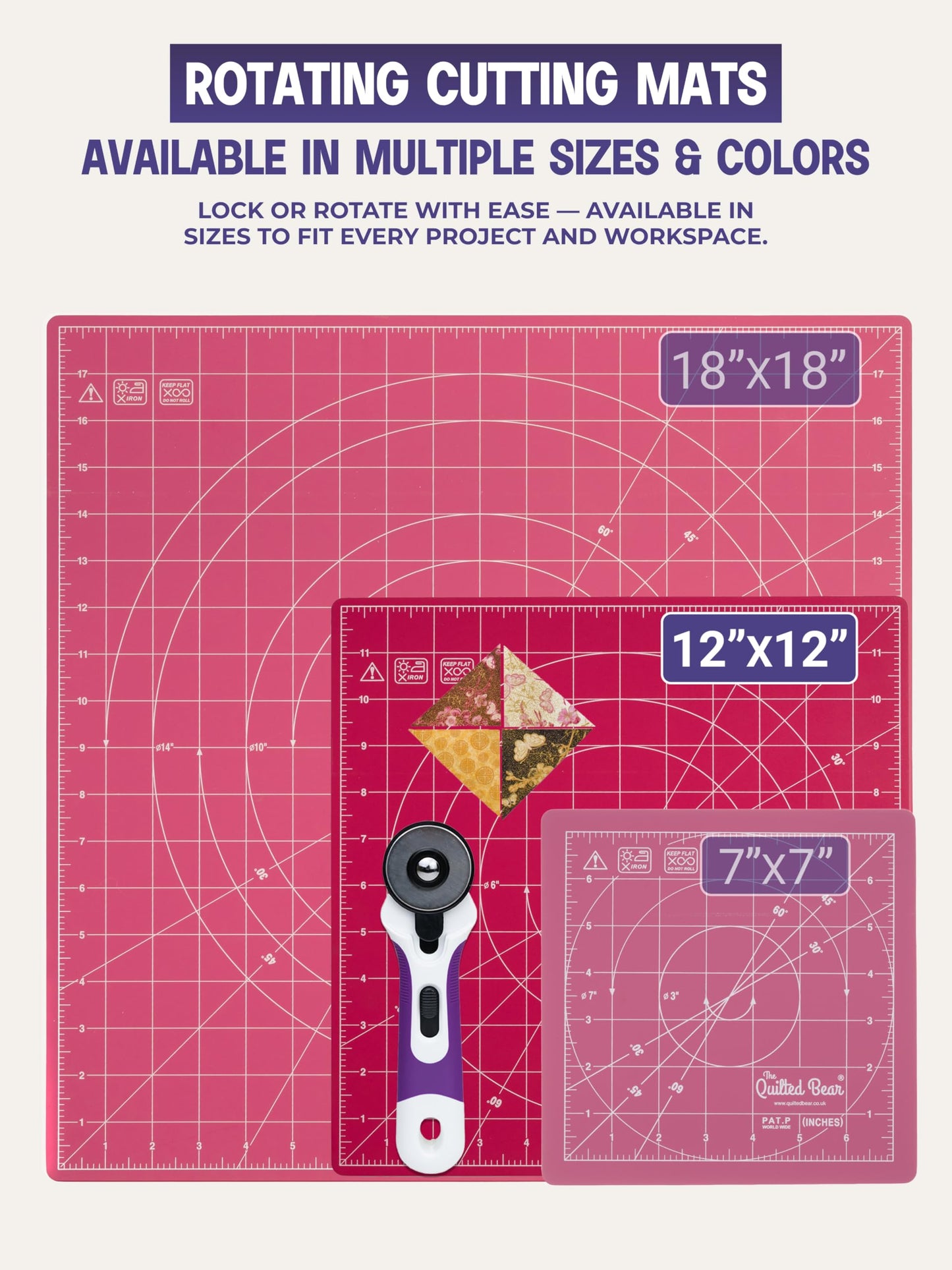 The Quilted Bear Rotating Cutting Mat 12" x 12" - Locking & Rotating Self Healing Cutting Board for Sewing, Fabric & Quilting - 360 Degree Sewing Supplies Mat for Craft Table (Pink)