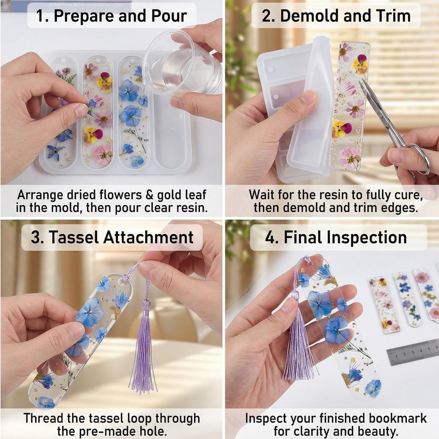 39 Pcs Resin Bookmark Mold, Silicone Epoxy Casting Molds Kit with 20 Tassels, Pre Punched Hole Design for DIY Bookmarks Craft Making, 10 Colors Presents for Adults Beginners Craft Classes