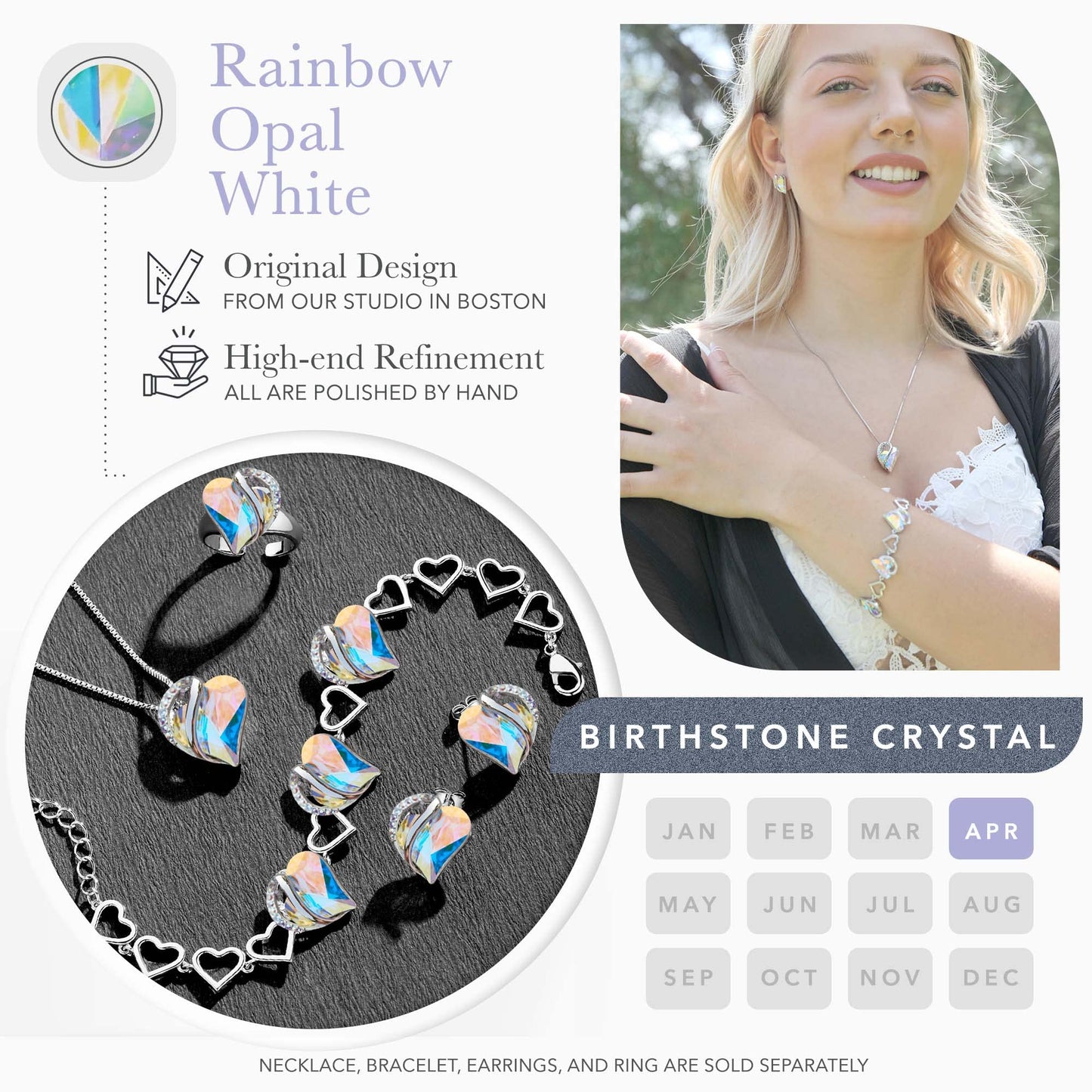 Leafael Infinity Love Heart Gift Bracelet for Women, April Birthstone Crystal, Rainbow Opal White, Silver Tone, 7-inch Chain and 2-inch Extender