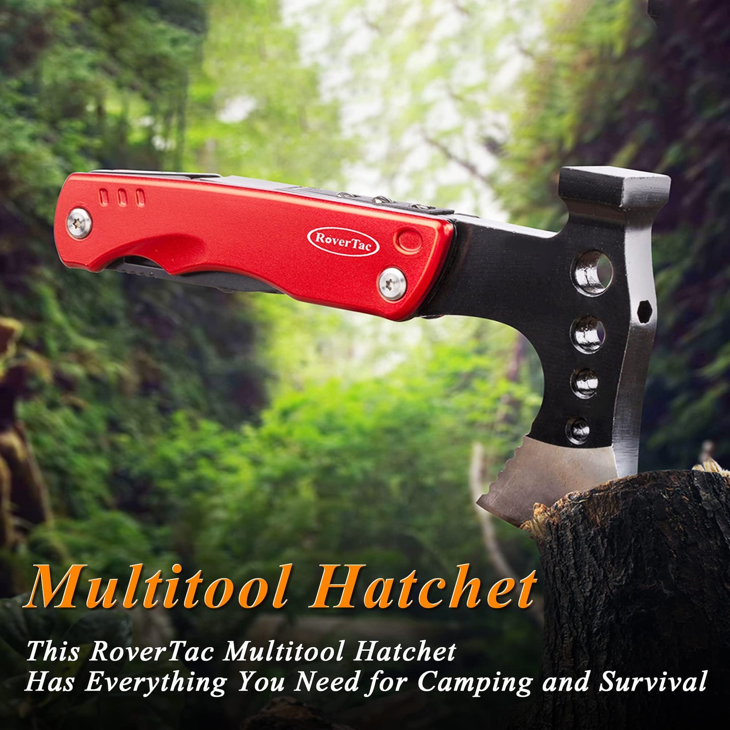 RoverTac 11-in-1 Multitool Axe Hatchet – Camping Gear with Knife, Hammer, Saw, Bottle Opener, Screwdrivers – Survival Tool with Nylon Sheath – Perfect Gifts for Men, Camping, Hiking, and Survival.