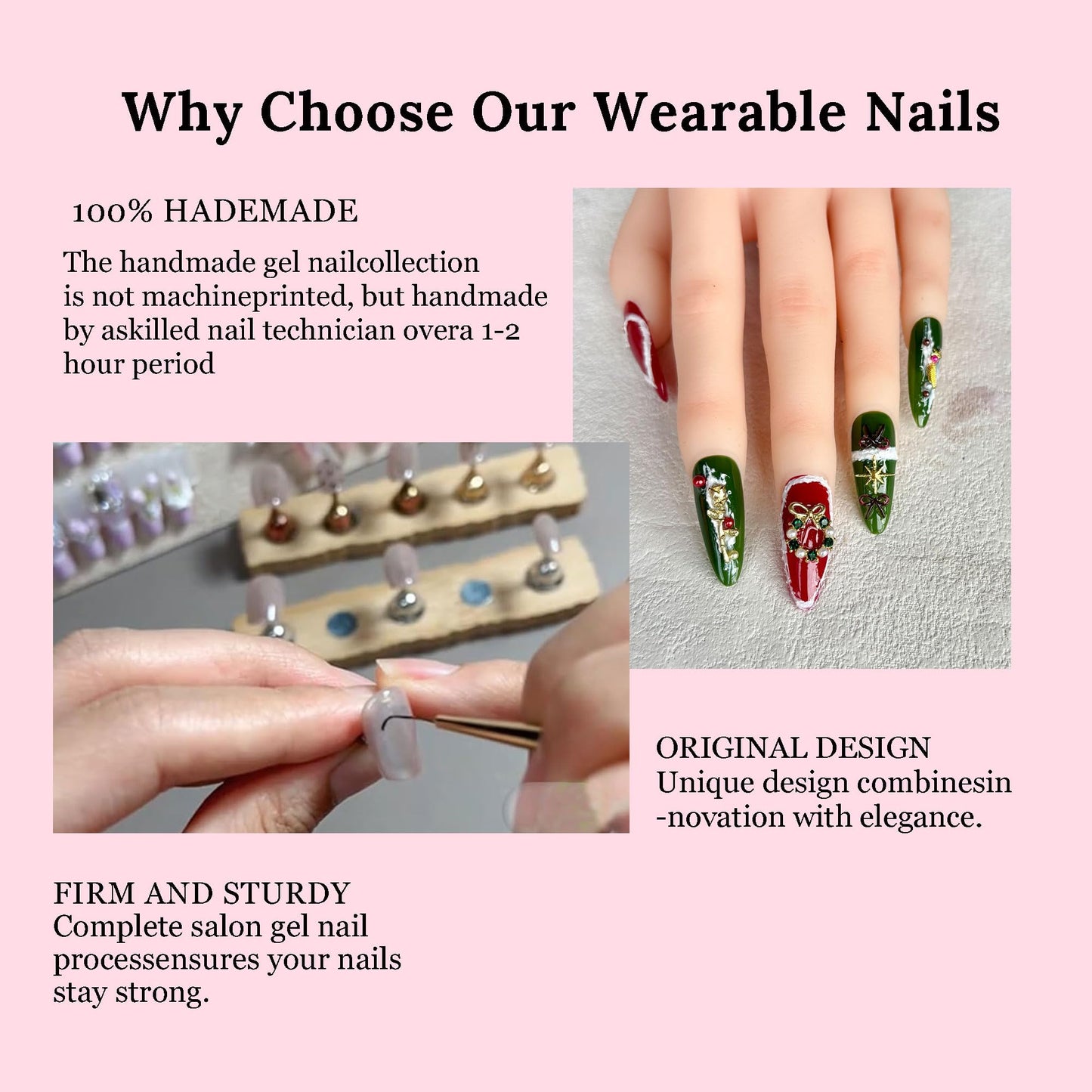 Handmade Press on Nails Medium Almond- Long Fake Nails,3D Unique Reusable ABS Material Fake Nails, Cartoon Snowflake Design False Nails (M, 001)