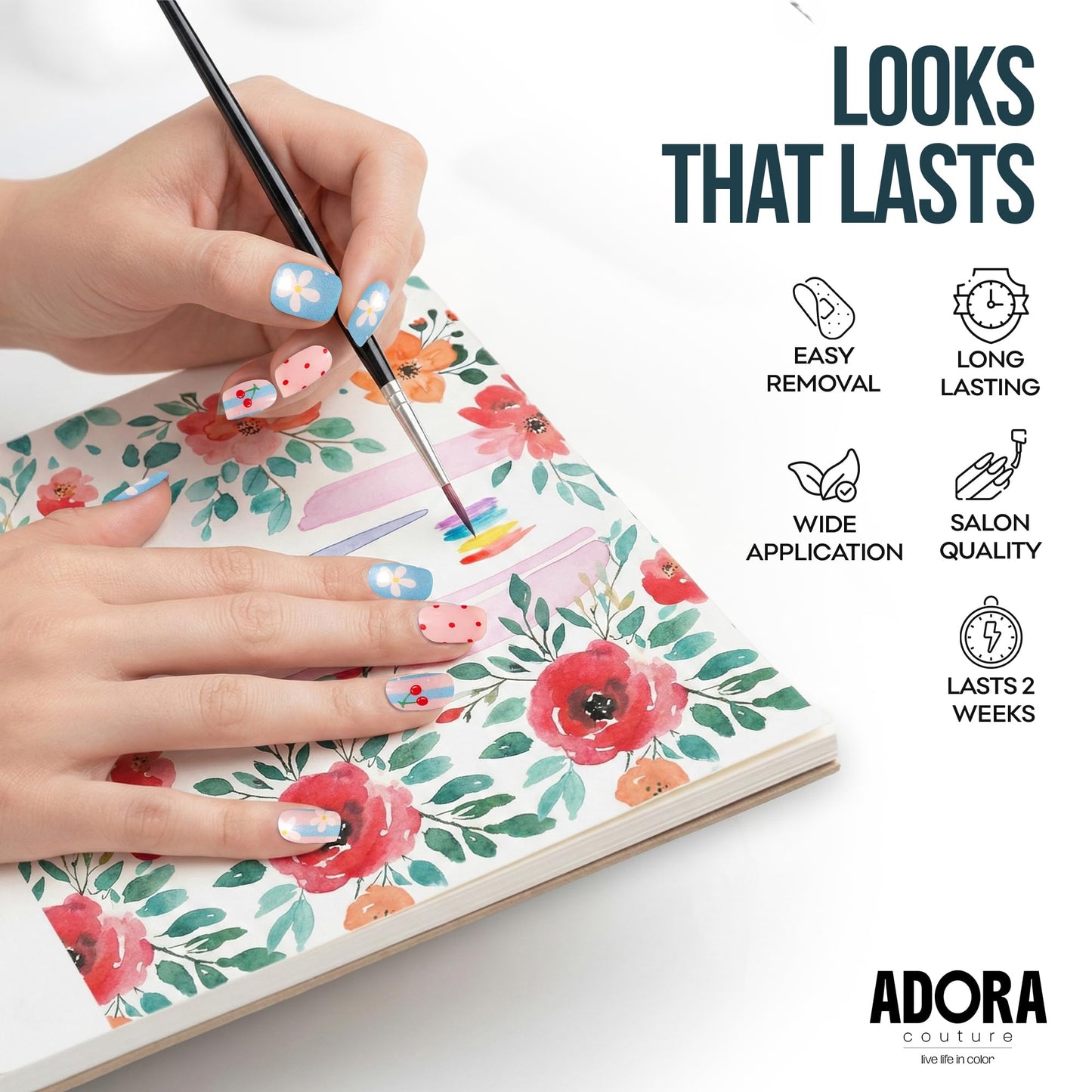 Adora Couture Semi Cured Gel Nail Strips with 20 Pieces - UV Gel Stickers, Manicure Kit, Easy Application Wraps Includes Prep Pads, Nail File, Wooden Stick - UV Light Required (Summer Joy)