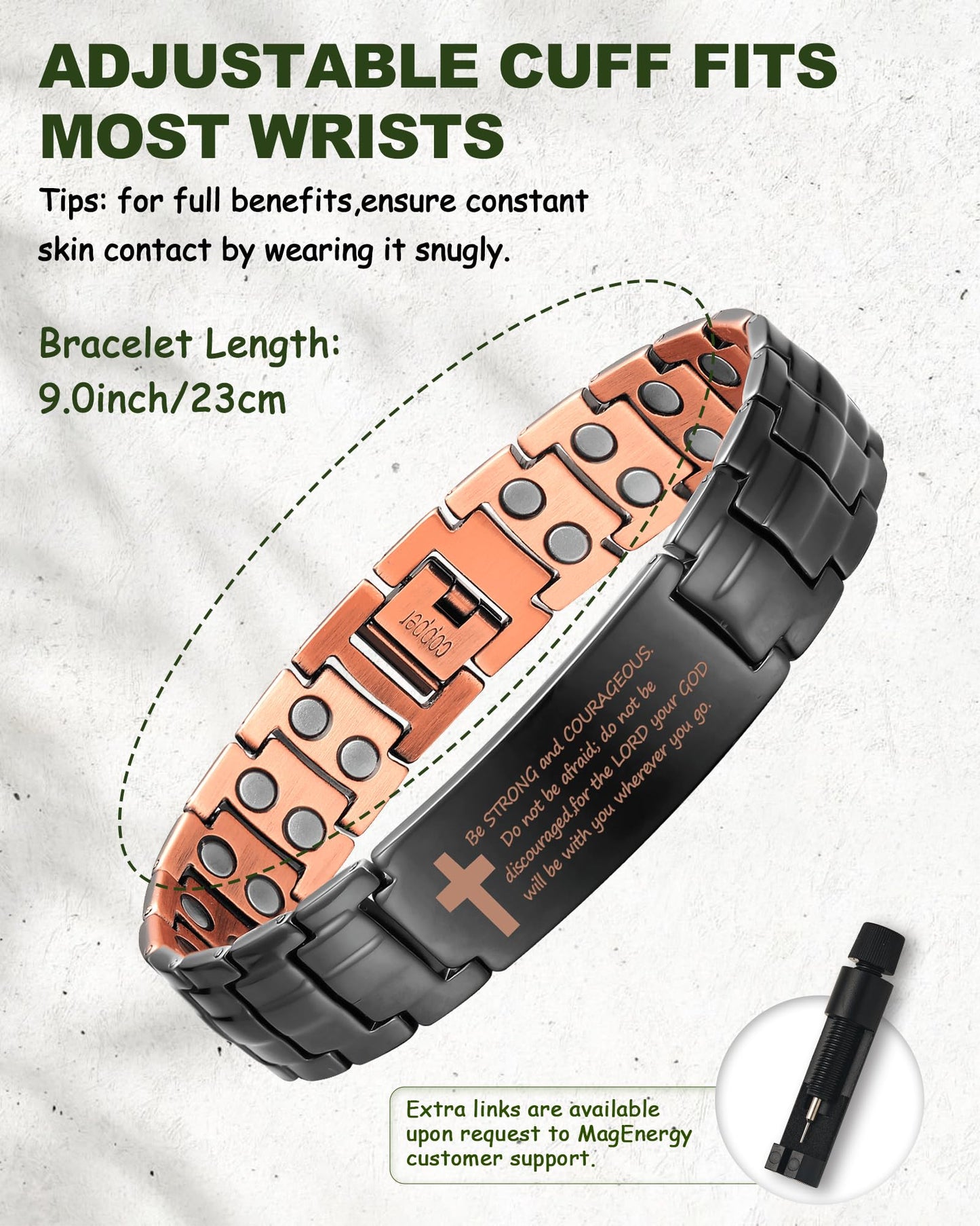 MagEnergy Copper Bracelet for Men, Christian Magnetic Bracelet with Ultra Strength Magnets, Adjustable Biblical Cross Design, Jewelry Gift Includes Sizing Tool