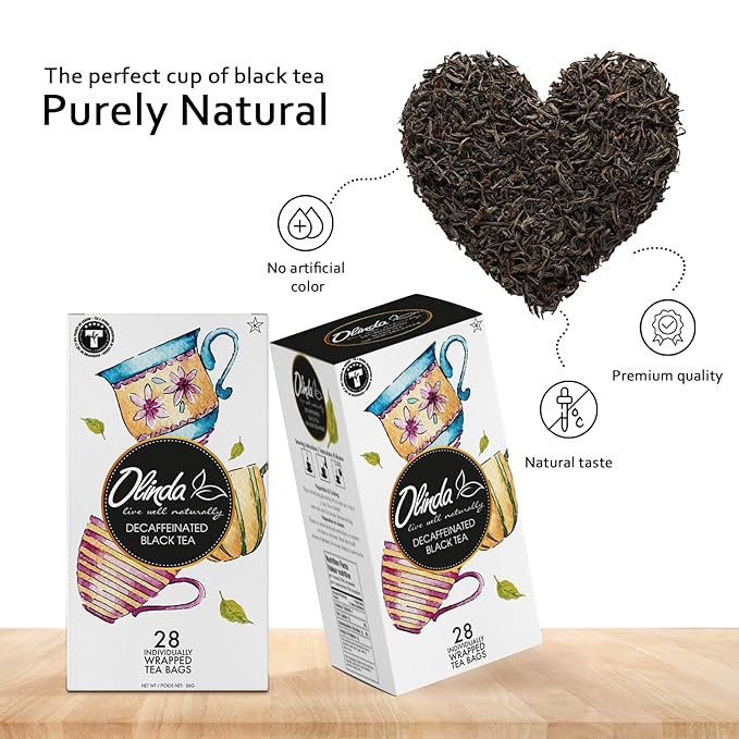 Olinda Organic Decaffeinated Black Tea 28 Individually Wrapped Tea Bags Gluten-Free Vegan Breakfast Black Tea Smooth & Antioxidant Rich Decaf