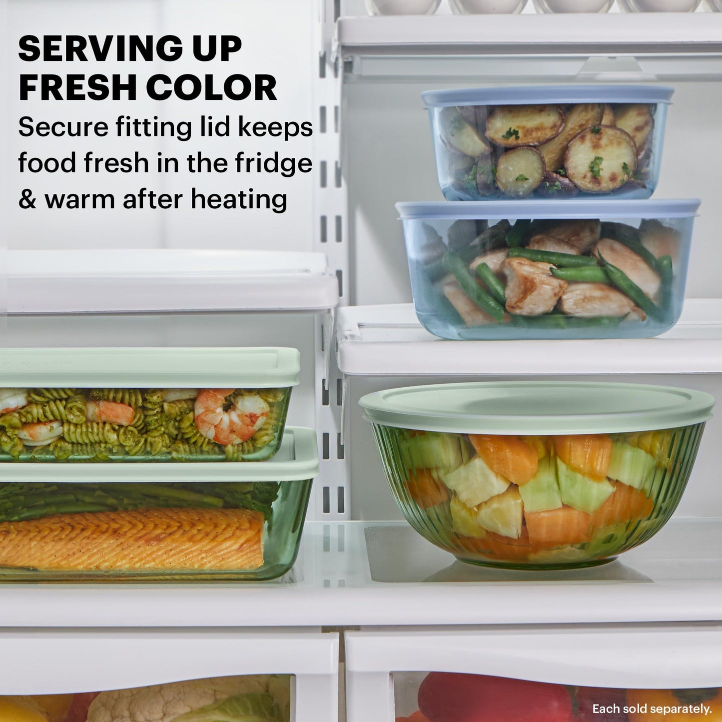 Pyrex Colors Tinted (3-Pack, Full Set) Sculpted Tinted Glass Mixing Bowls With Plastic Lids, Nesting Space Saving Set of Bowls For Prepping and Baking, 1.3QT, 2.3QT & 4.5QT