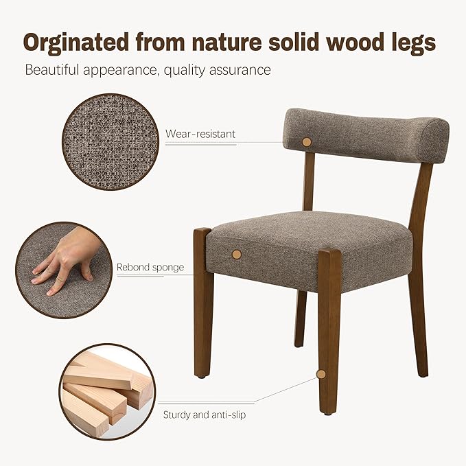 Modern Dining Chairs Set of 4, Walnut Upholstered Kitchen & Dining Room Chairs, Mid Century Wooden Dining Chairs Oversized Sturdy Fabric Rounded Chairs Curved Back, Tan Brown