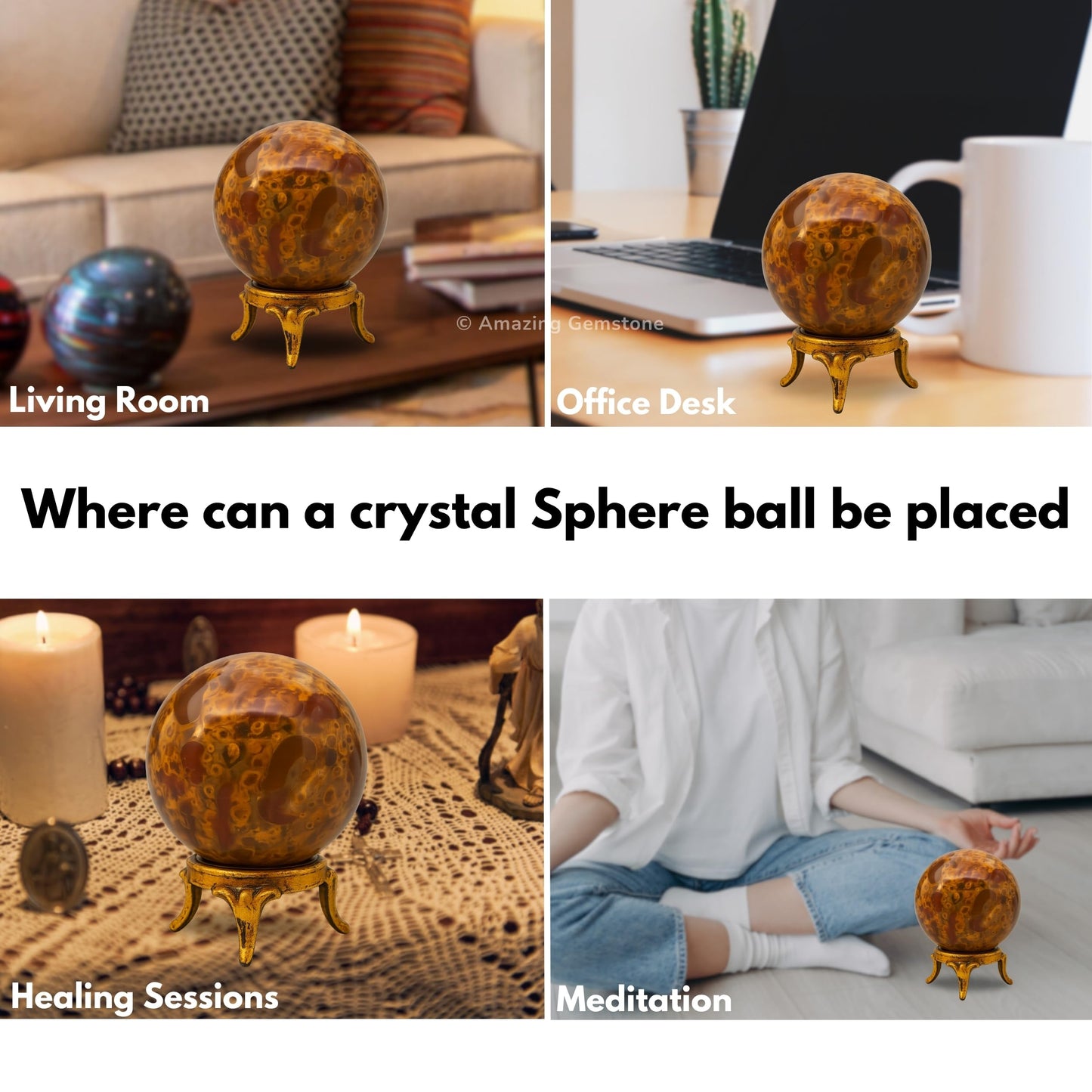 Amazing Gemstone Fruit Jasper Crystal Ball with Stand - 2 Inches Crystal Sphere Meditation Balls for Witchcraft and Decorative Balls