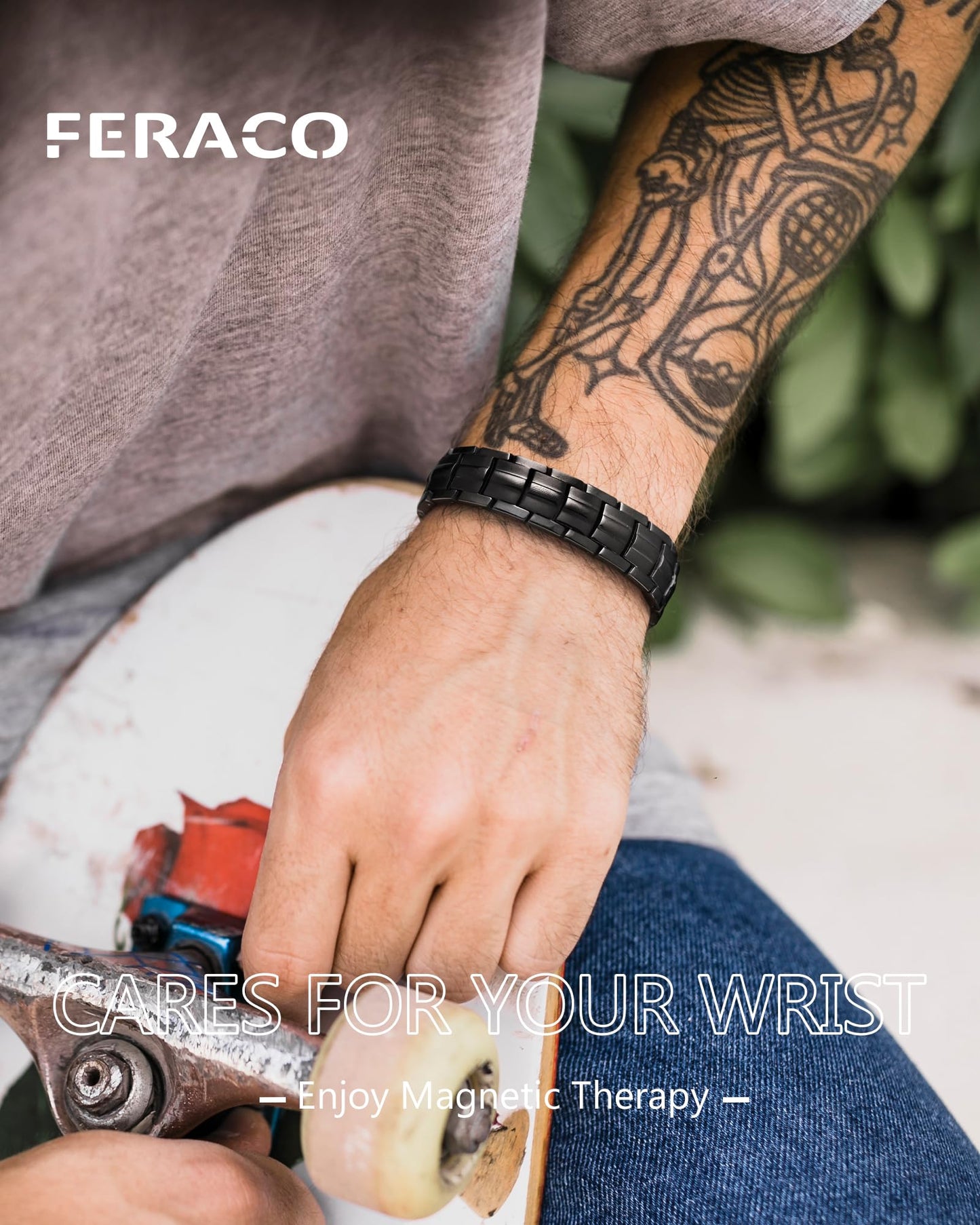 Feraco Magnetic Therapy Bracelet for Men,Titanium Steel Bracelet with 5X Strength Magnets,Premium Fold-Over Clasp (Black)