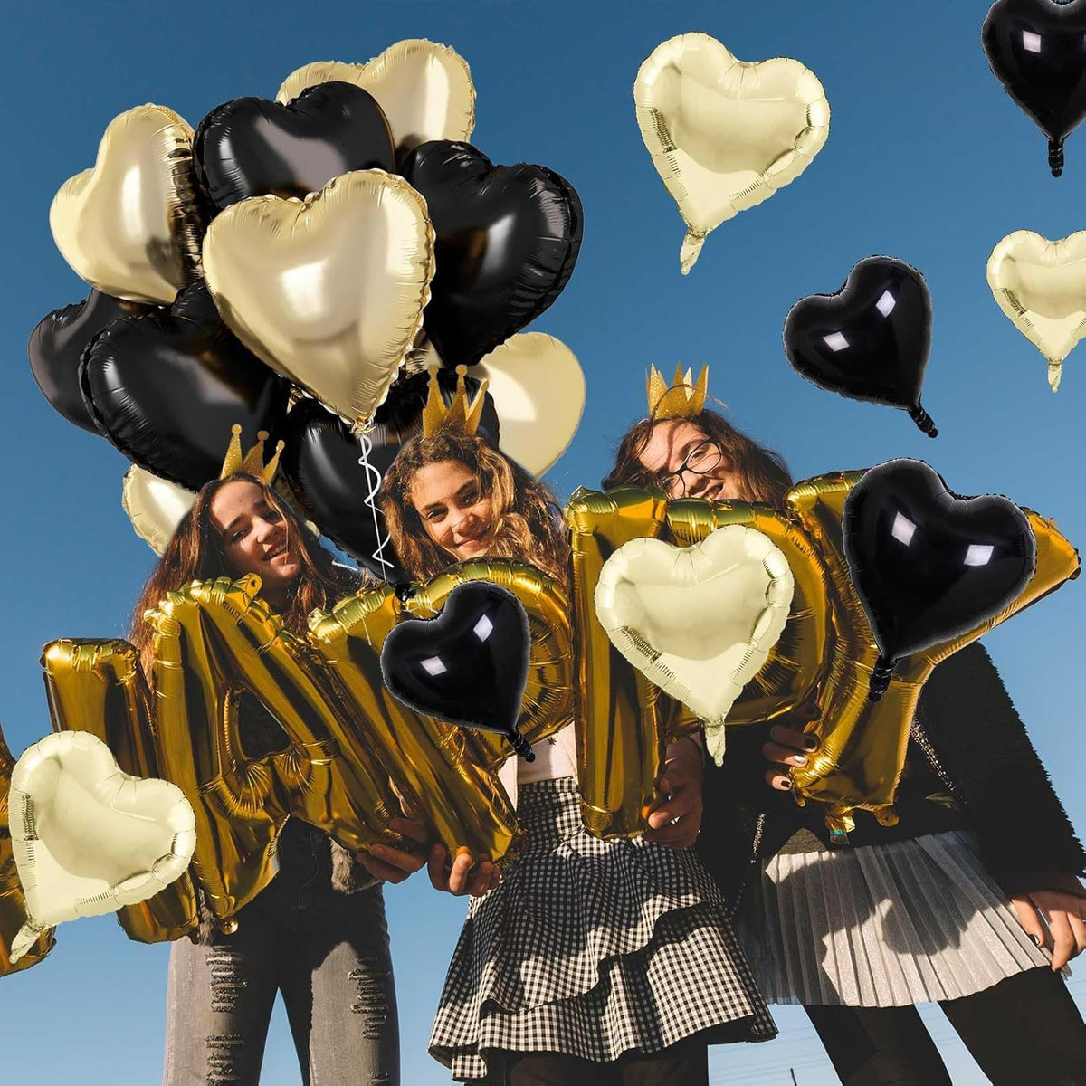 Black Gold Foil Heart Balloons, 18 Inch 10 Pcs Light Gold and Black Heart Shape Mylar Balloons Pastel Yellow and Black Heart Balloons for Birthday Graduation Valentines Baby Party Anniversary